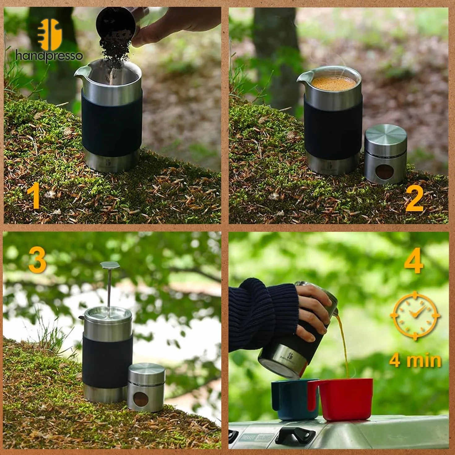 Handpresso Travel Press cafetiere a piston compacte INOX double paroi isolante 0,35 l 3 Tasses mini cafetiere portable voyage