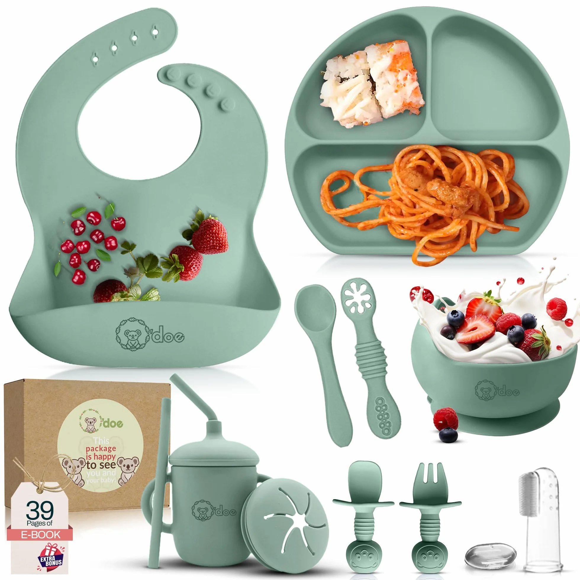 Set Repas Bébé 1er Âge 11 Pièces – Coffret Repas Bébé Complet avec Bol Silicone à Ventouse