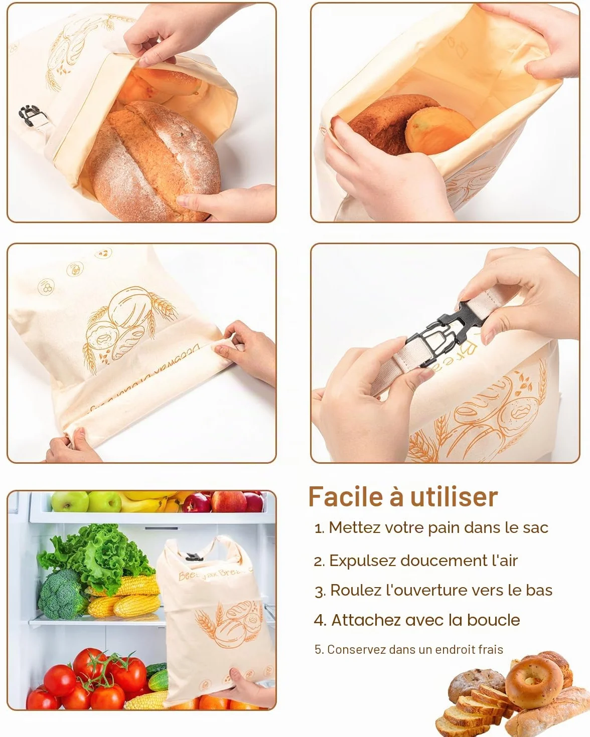 Sacs à Pain en Cire d'Abeille 43x33 cm Réutilisable en Coton Conservation Pain au Levain Baguette