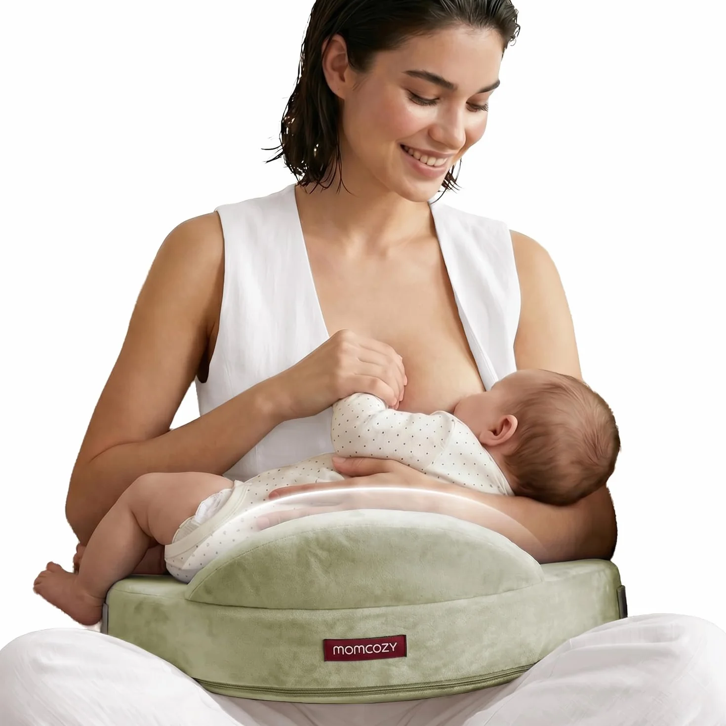 Momcozy Coussin Allaitement Mémoire de Forme Ergonomique, Soutien Large Sangle Réglable, Housse Coton Amovible Vert