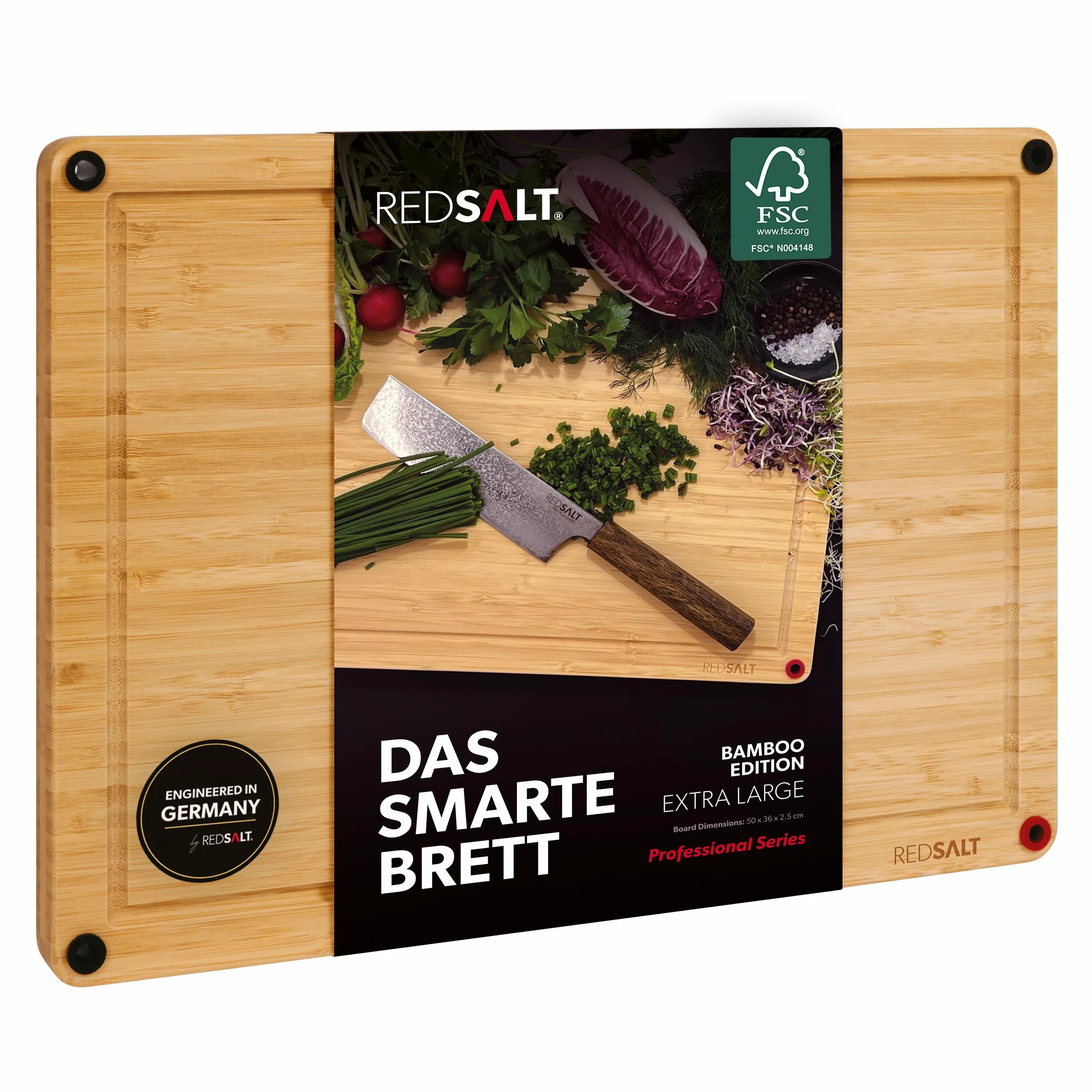 REDSALT Planche à découper innovante en bois de bambou XL 50 × 36 × 2,5 cm | Antidérapante, double face, antibactérienne, rainure profonde pour jus | Grande planche en bois de qualité supérieure pour