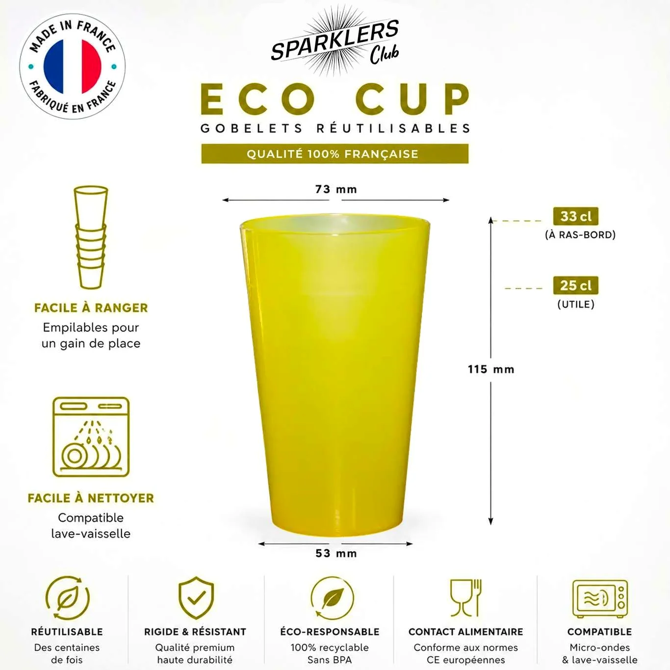 SPARKLERS CLUB - Lot de 200 Gobelets Reutilisables 25cl (33cl a ras-bord) - Polypropylene (PP) alimentaire rigide - Compatible lave-vaisselle - Fabriques en France - Couleur Jaune