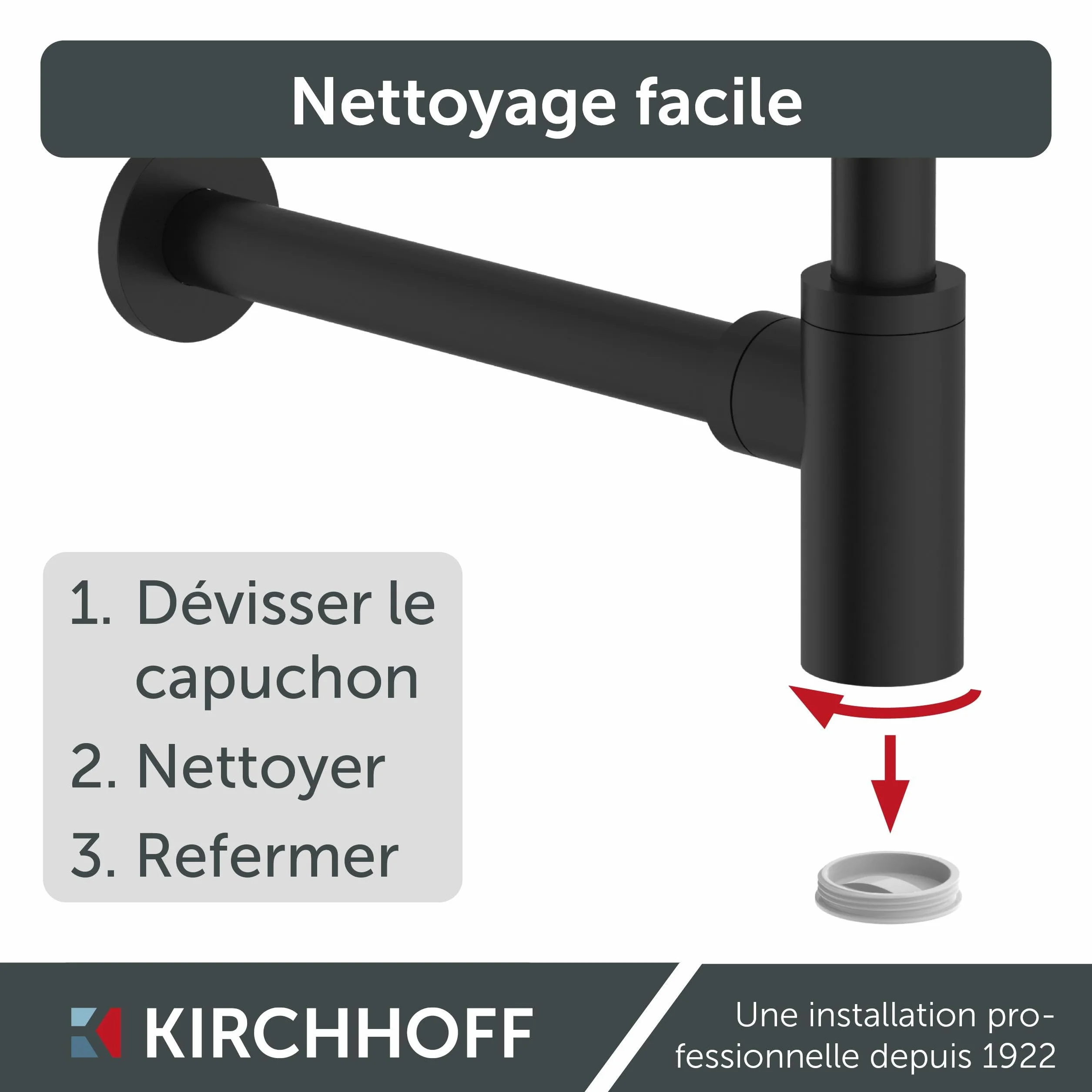 Kirchhoff Siphon lavabo plastique non corrosif anti-odeurs avec ouverture de nettoyage noir