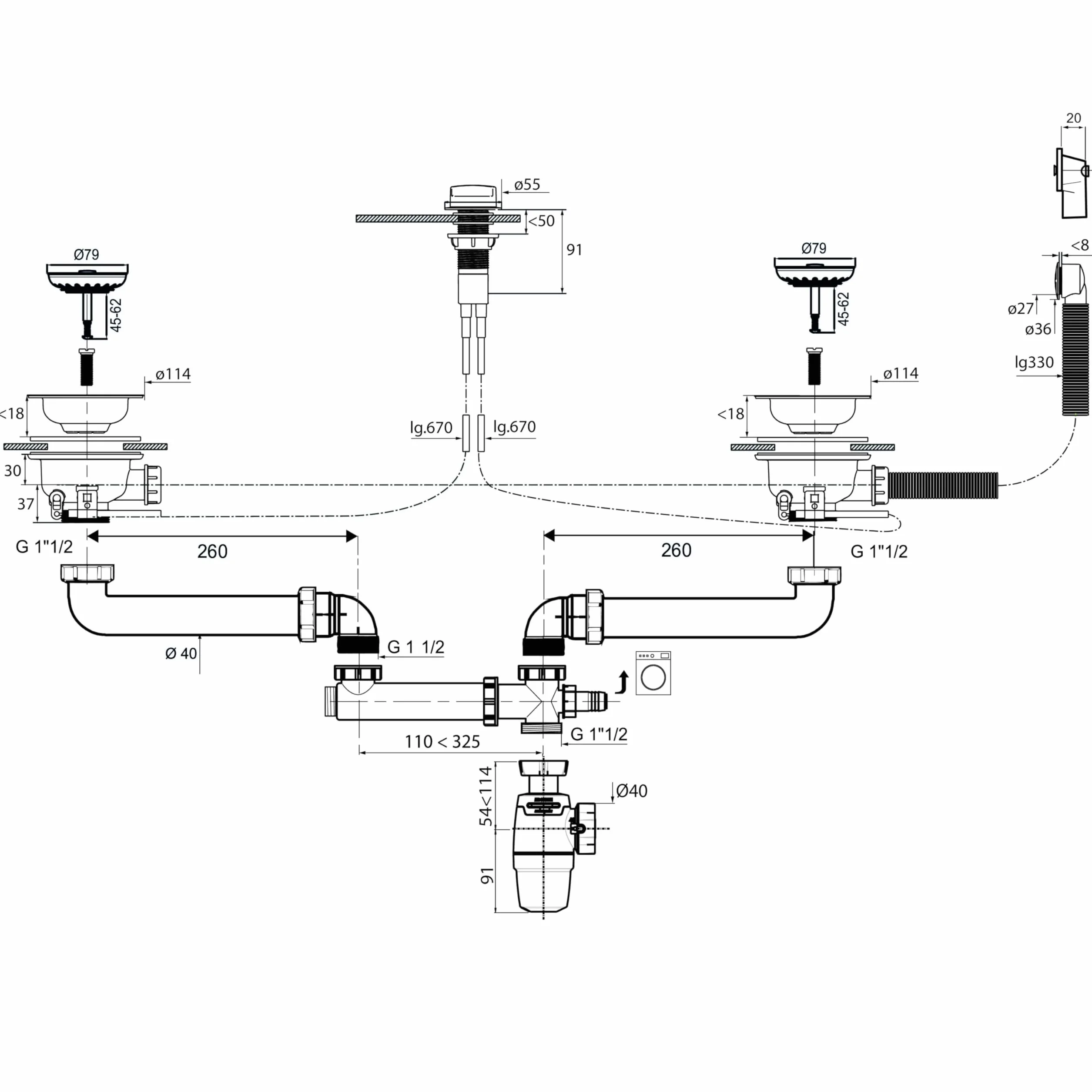 Wirquin Ensemble bonde siphon Néo Air blanc évier 2 bacs anti-vide intégré