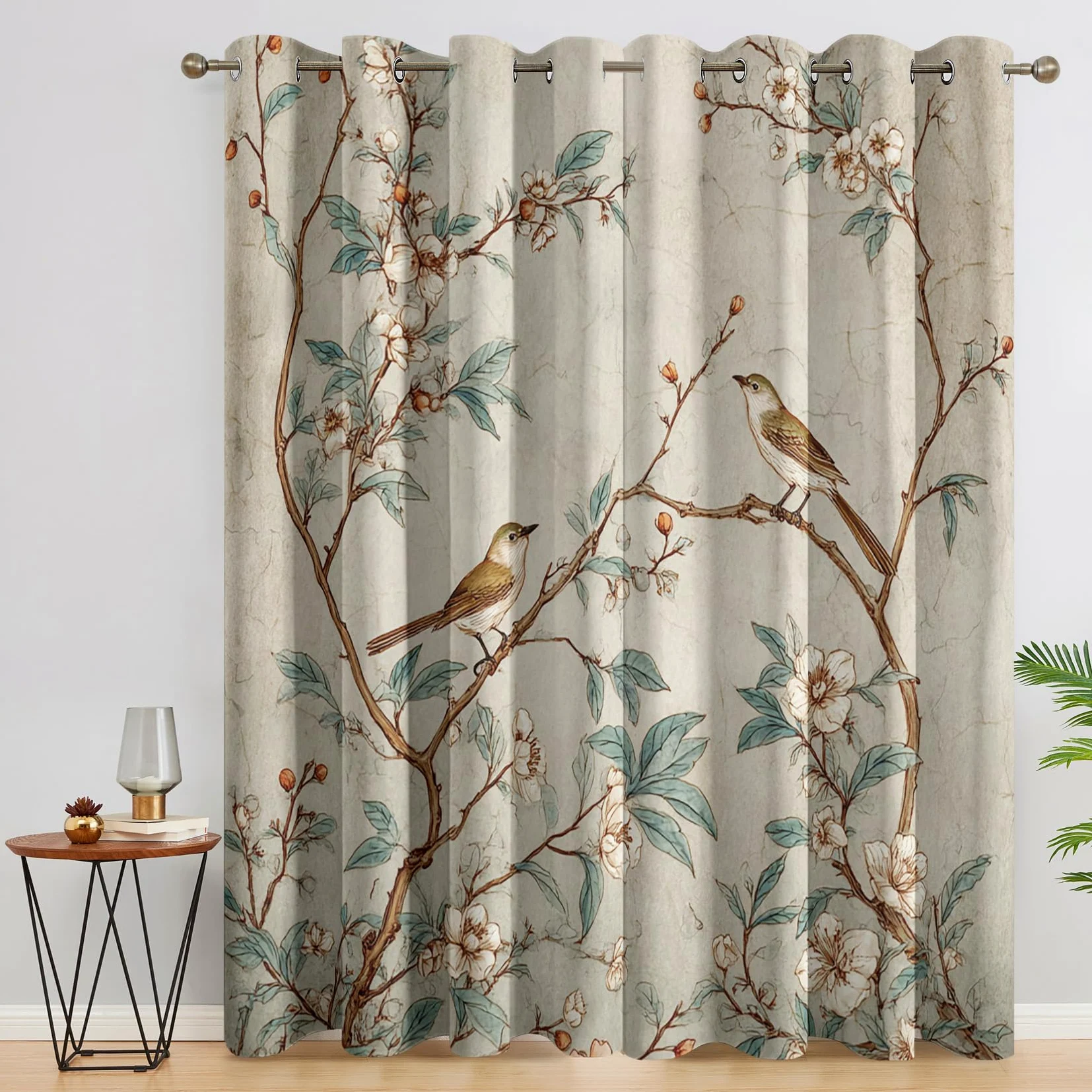 Rideaux Occultant Fleurs Oiseaux, Rideau Isolant Thermique pour Salon Chambre, Motif Branche d'arbre, Lot de 2 Décoration de Fenêtre Opaque 140x200cm LxH, à Oeillets