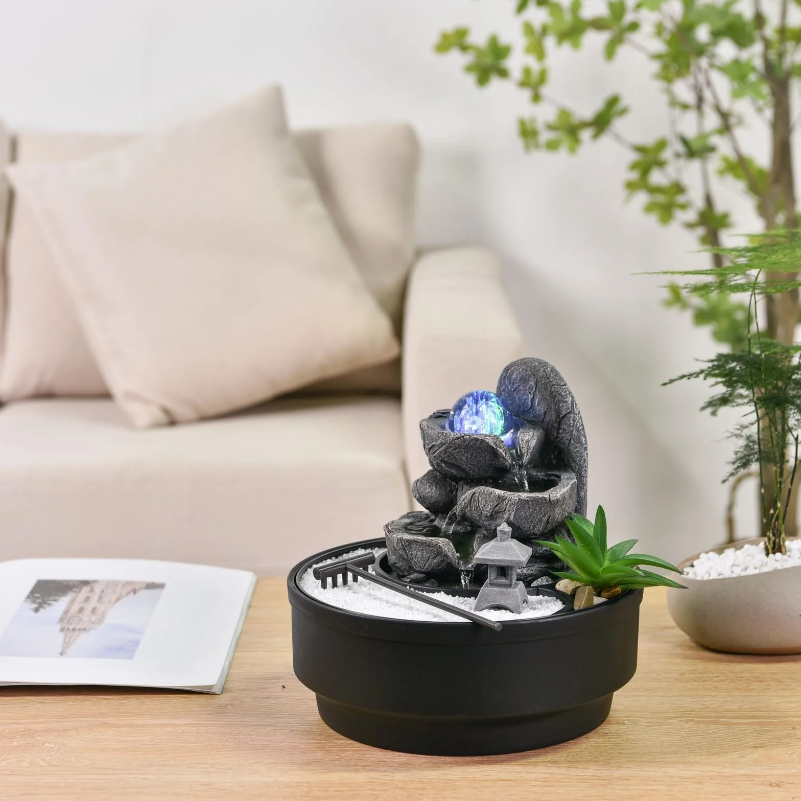 Fontaine d'Intérieur Jardin Zen, Boule de Verre Lumineuse LED Coloré, Circuit Fermé H21 cm