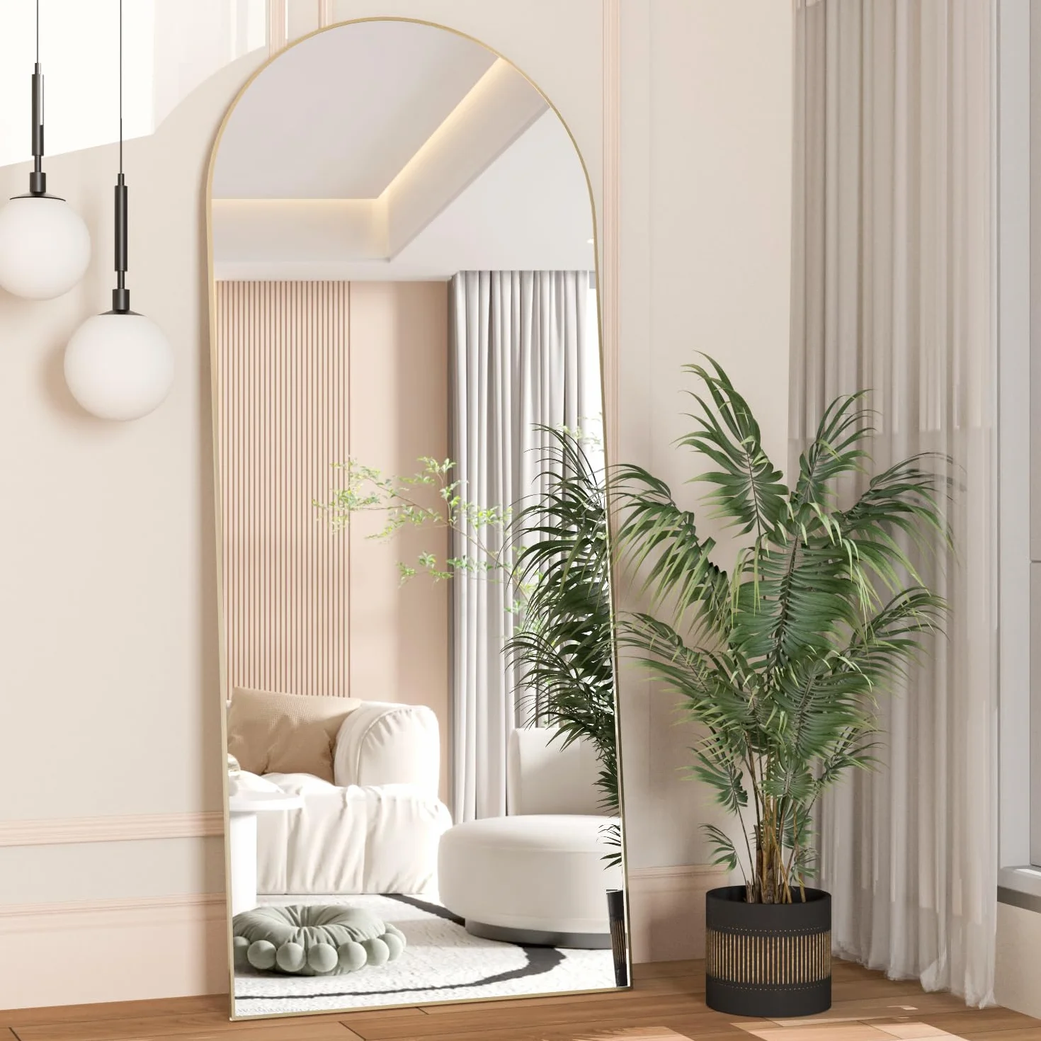 Miroir de Sol Arqué 165 x 60 cm Doré avec Support Mural pour Chambre, Entrée, Salon