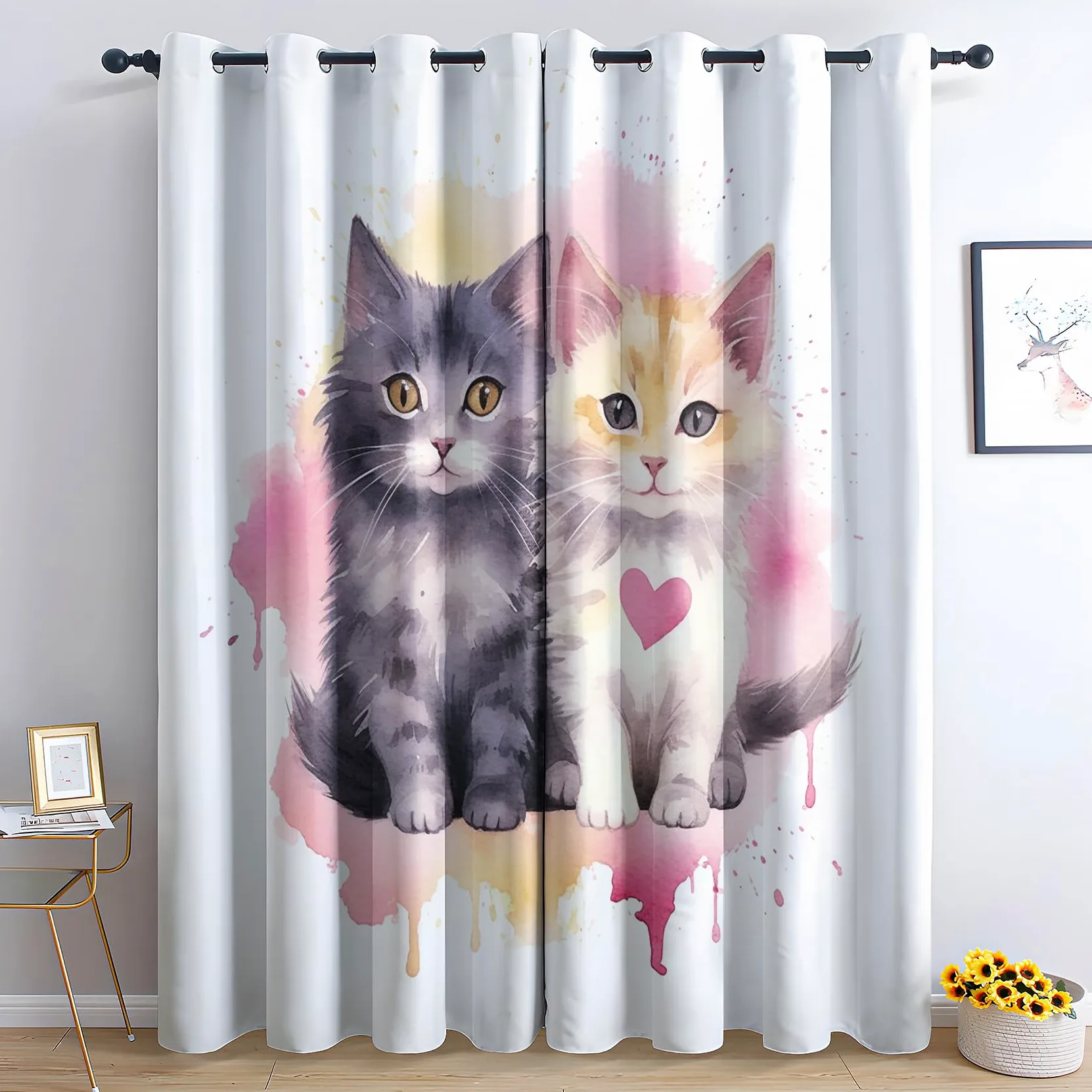 Rideau Occultant Chat Mignon, Chaton Motif Rideaux Thermiques à Oeillets, Rideaux Imprimé pour Salon Chambre Fenetre Moderne Décoration, 75x166 cm (L x H), Lot de 2