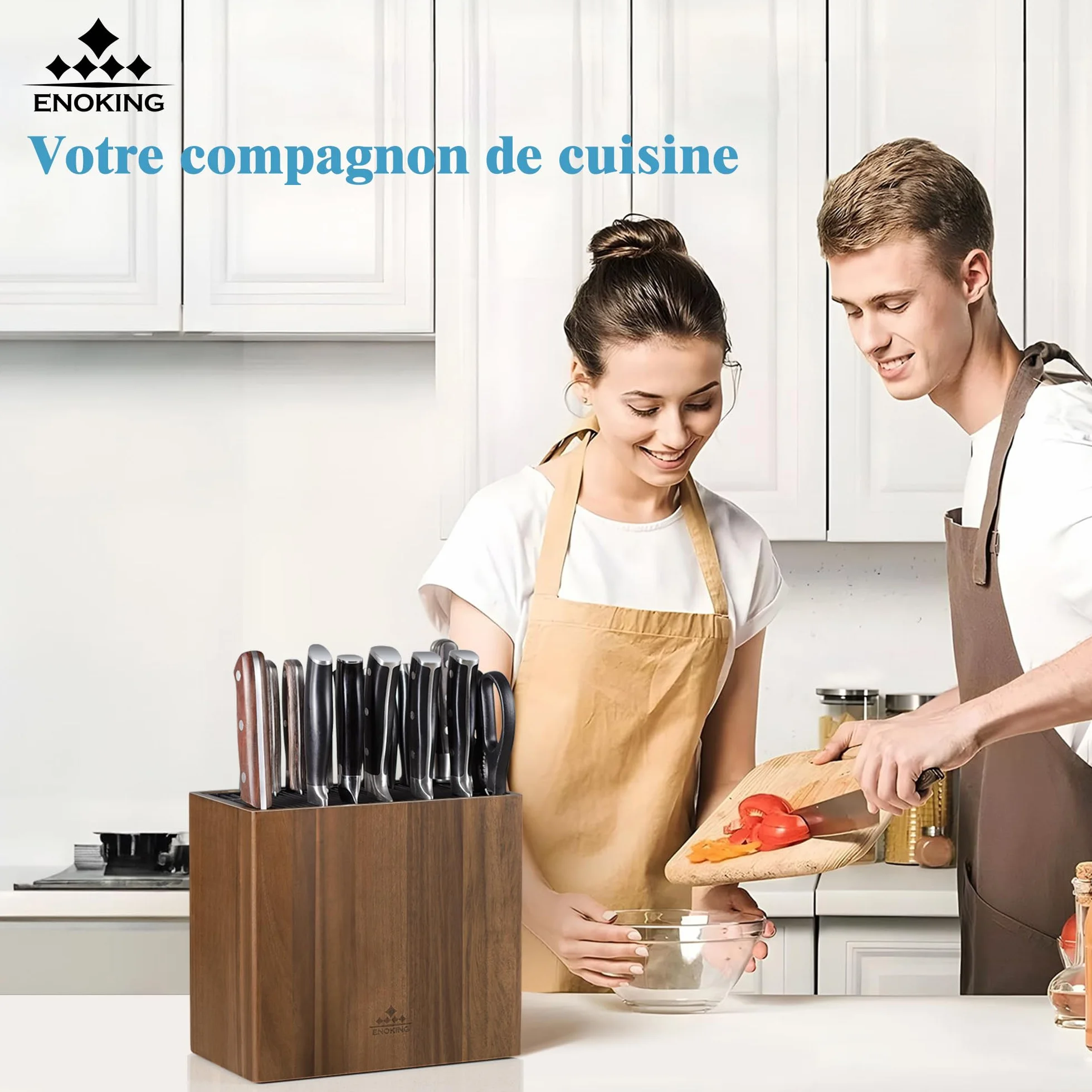 ENOKING Porte Couteaux en Bois d'Acacia, Range Couteaux de Cuisine Universel avec Couvercle en Plastique