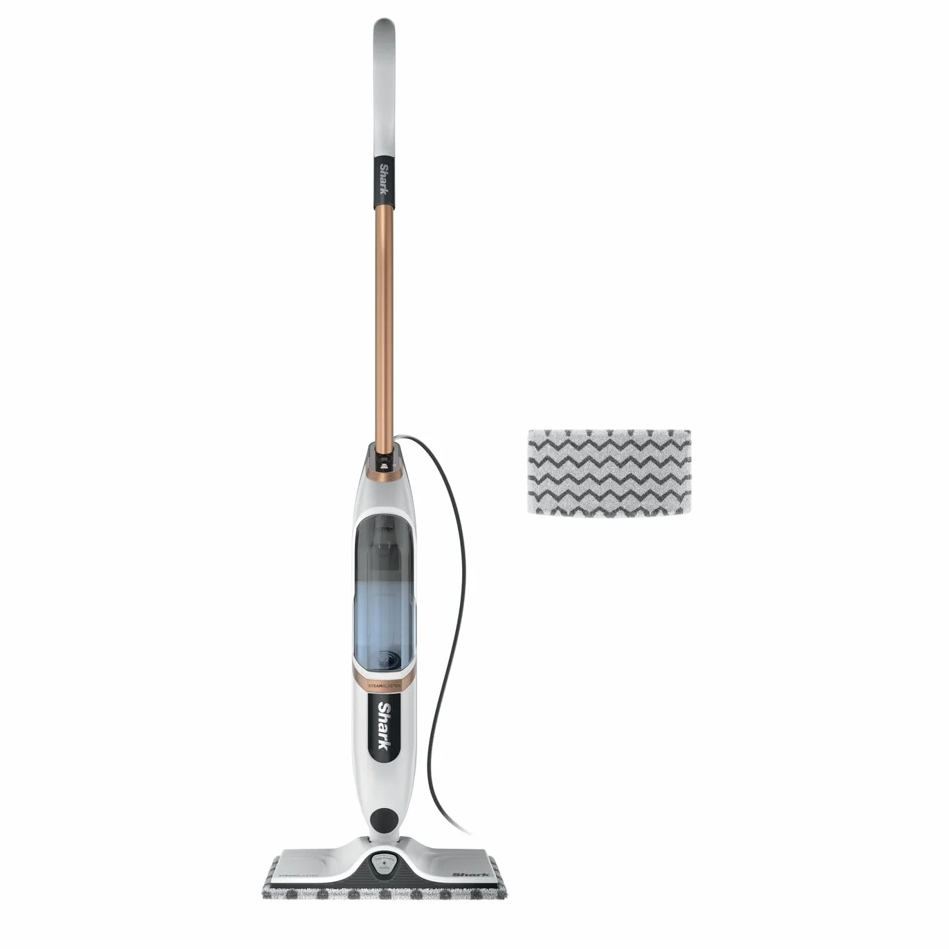 Shark SteamSpot S2001EU Balai vapeur pour sols durs, léger, sans produit chimique, réservoir amovible, 2 tampons Dirt Grip lavables, Blanc et Cuivre