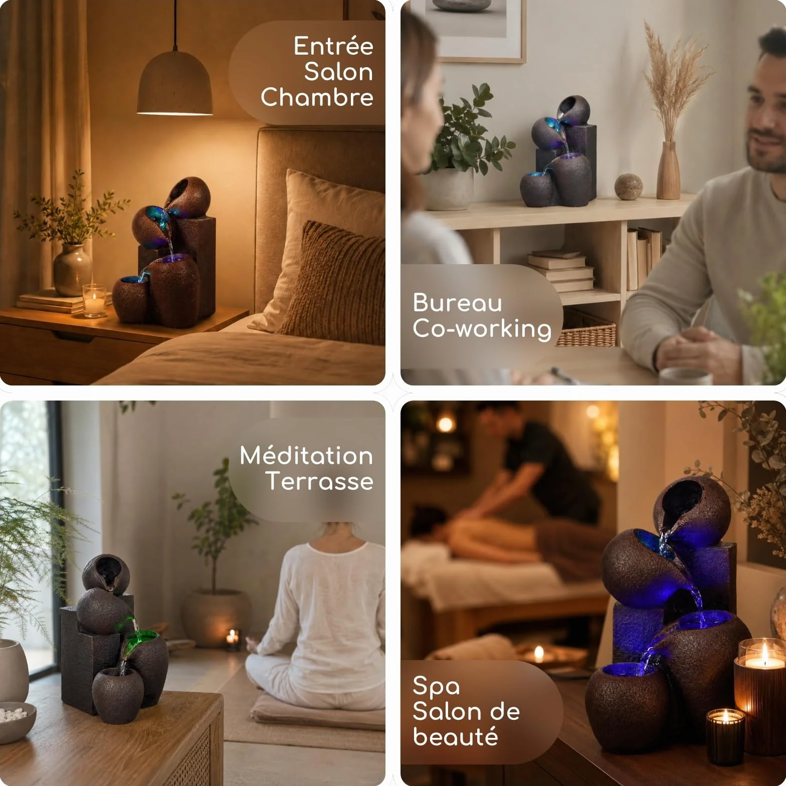Fontaine d’Intérieur Cascade 4 Niveaux Effet Pierre Naturelle Lumière LED Coloré, H 25cm – Luba Zen’Light