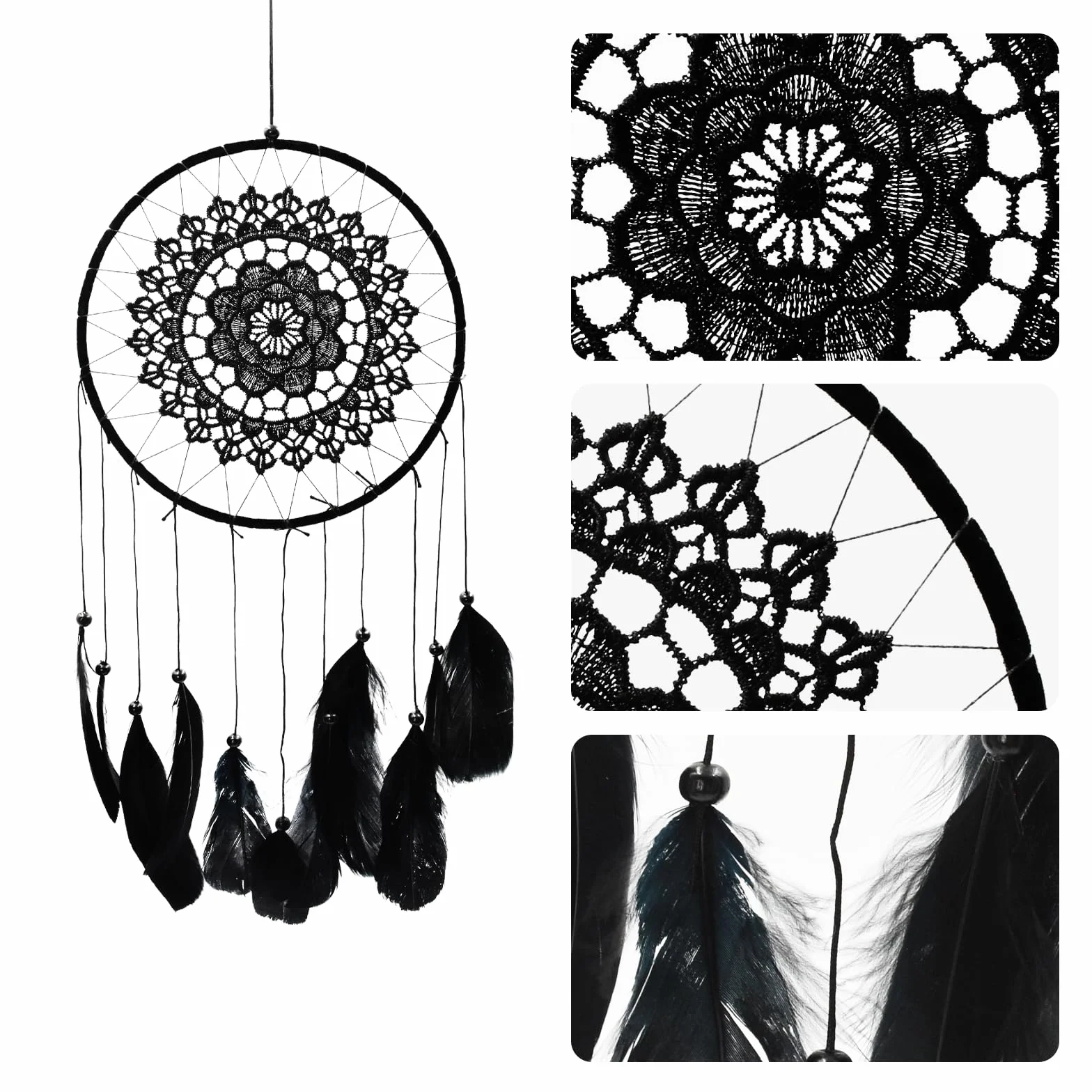 Attrape Rêve Fait à la Main avec Plumes et Perles, Suspendu pour Chambre à Coucher, Cadeau Artisanal (Noir)