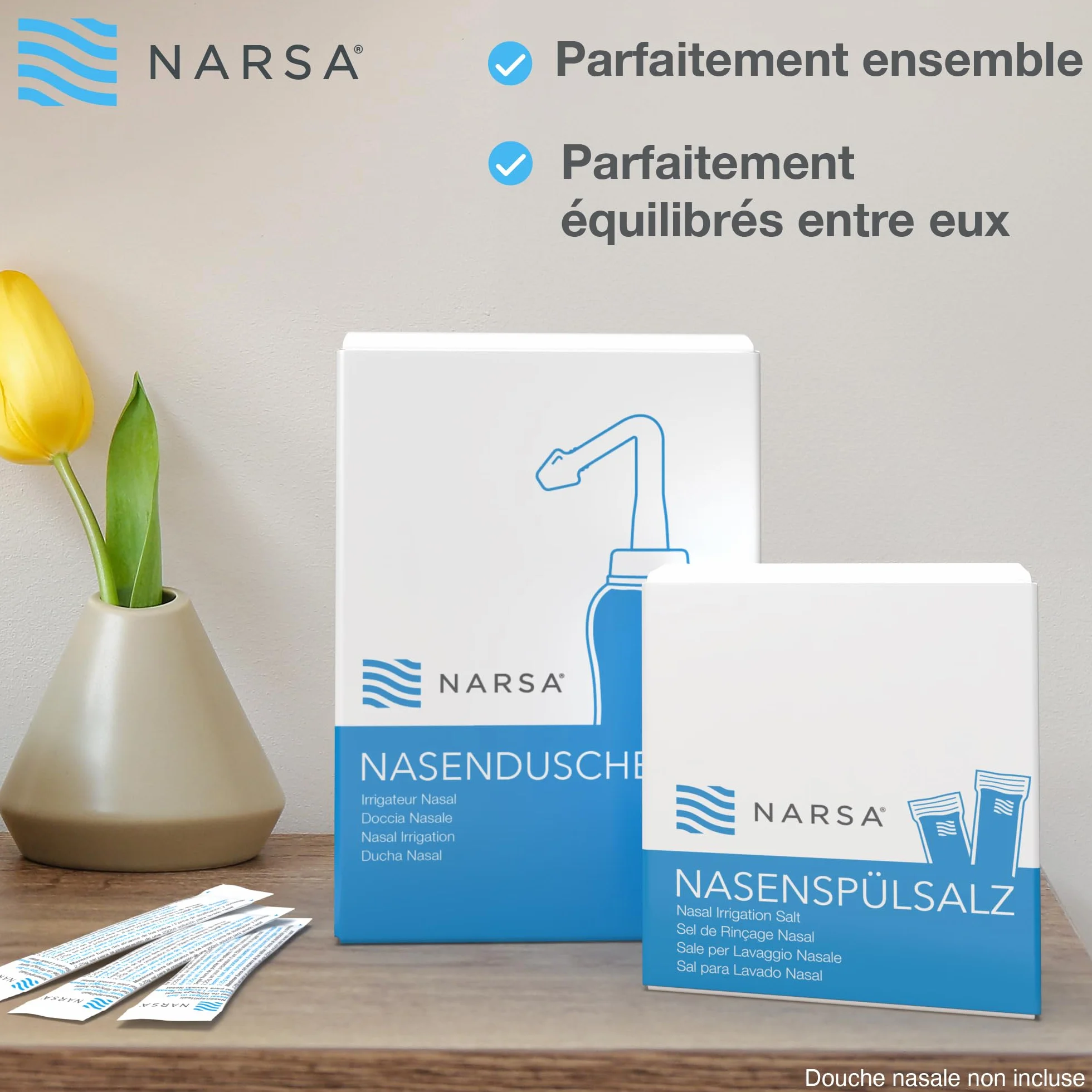 NARSA Douche nasale avec 30 sachets de sel de rinçage nasal pour soulager la congestion et les allergies
