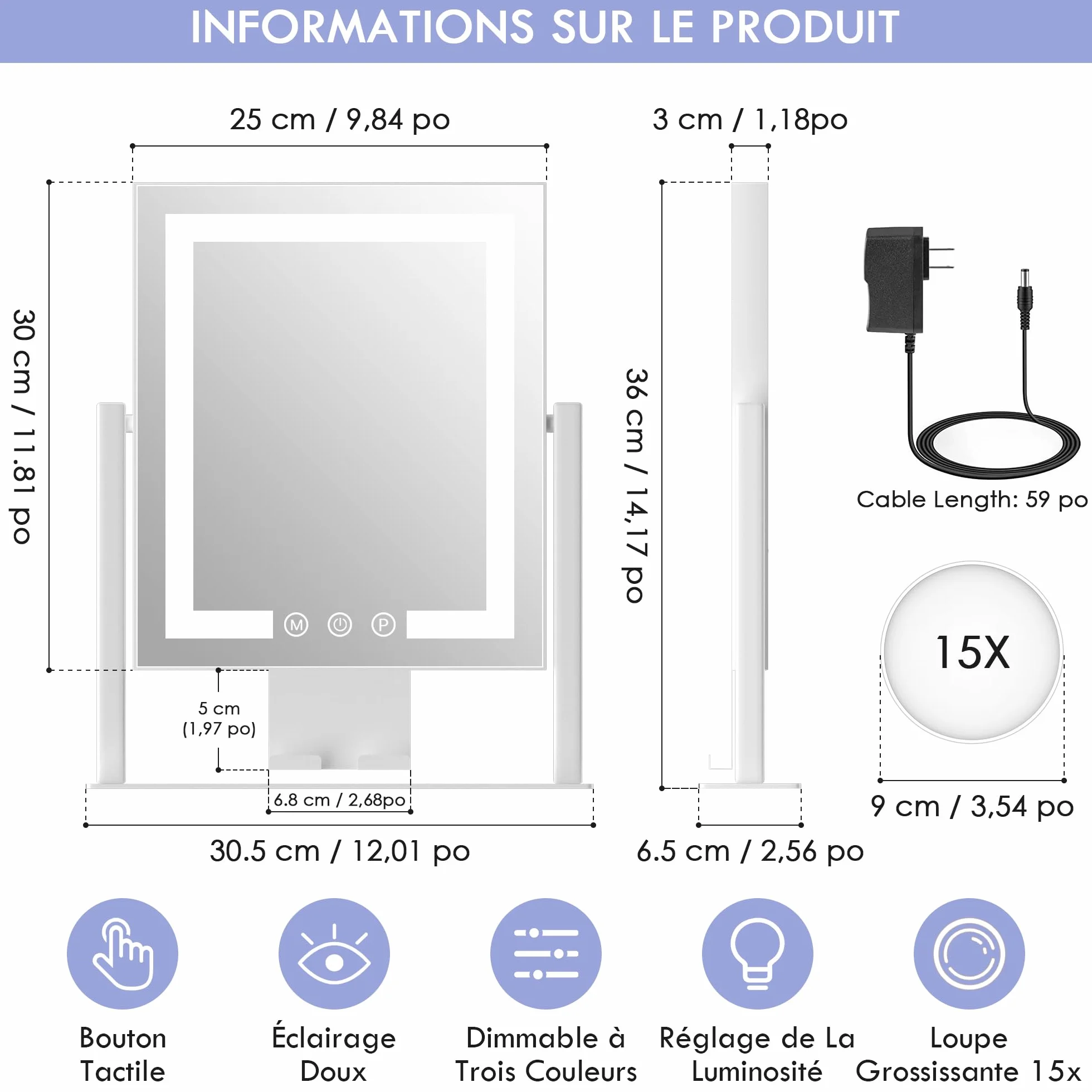 LuxeVue Miroir de Maquillage avec lumières 30x36 cm, 3 Modes d'éclairage Tactile, Grossissant 15X, Cadre en Métal