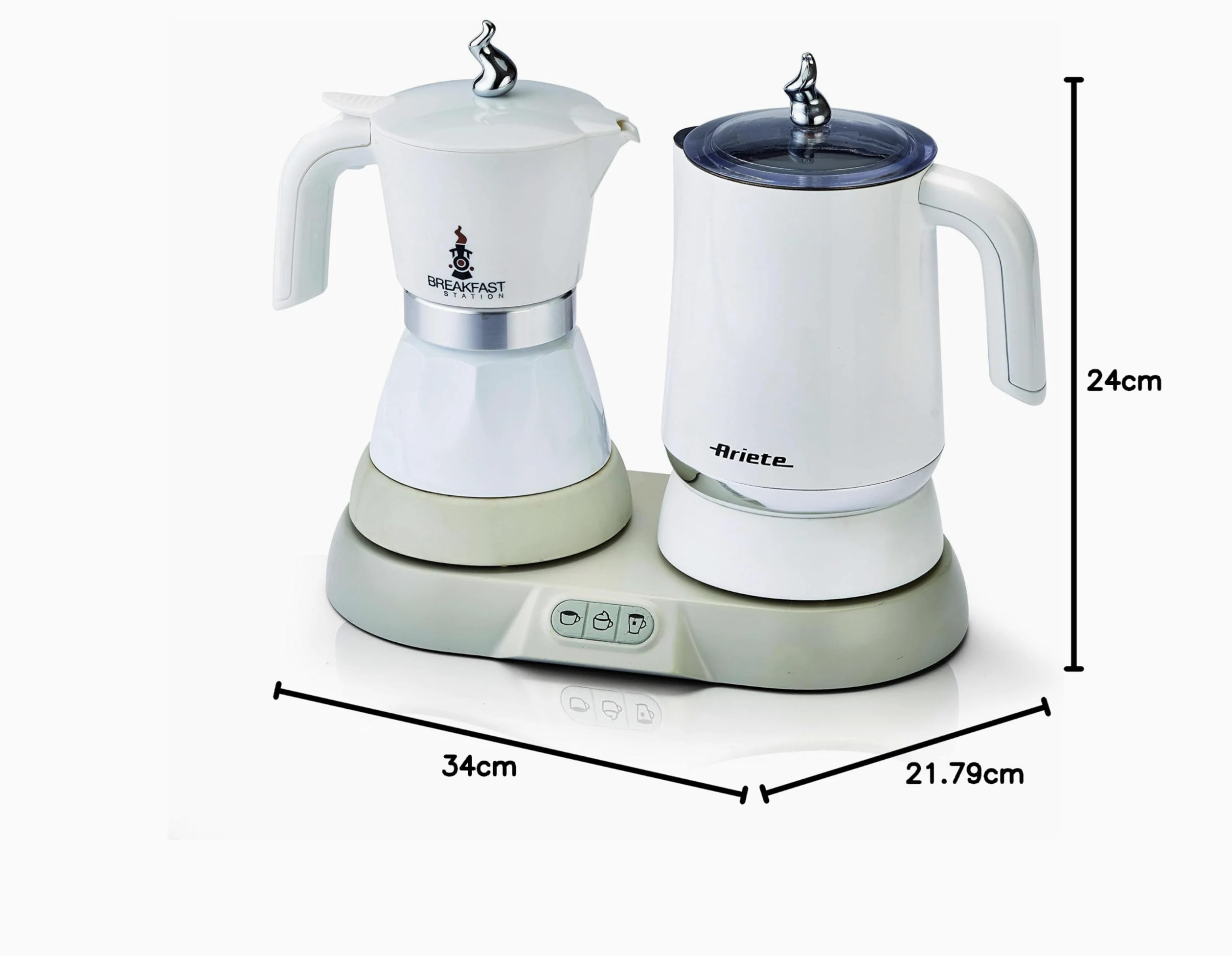 Ariete 1344 Breakfast Station, 3 produits en 1, cafetière, mousseur à lait chaud ou froid, bouilloire, 500 W, 4/2 tasses, fonction garde-chaud, 5 fonctions, blanc