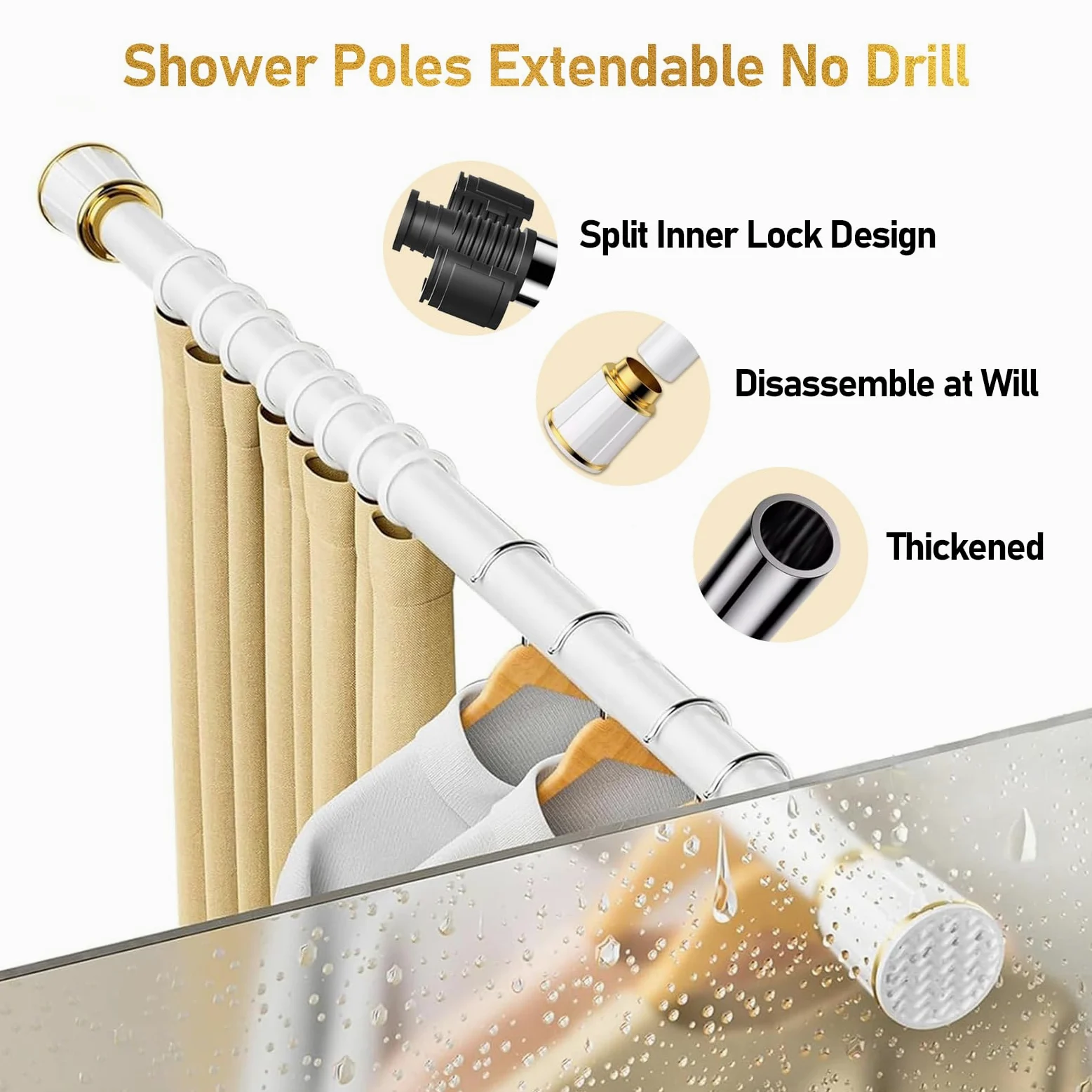 Ts Tringle pour ains & Douche 63 259,9 cm sans perçage Extensible pour salle de bain, cuisine et décoration d'intérieur Vert 3 m de diamètre réglable 160 à 250 cm