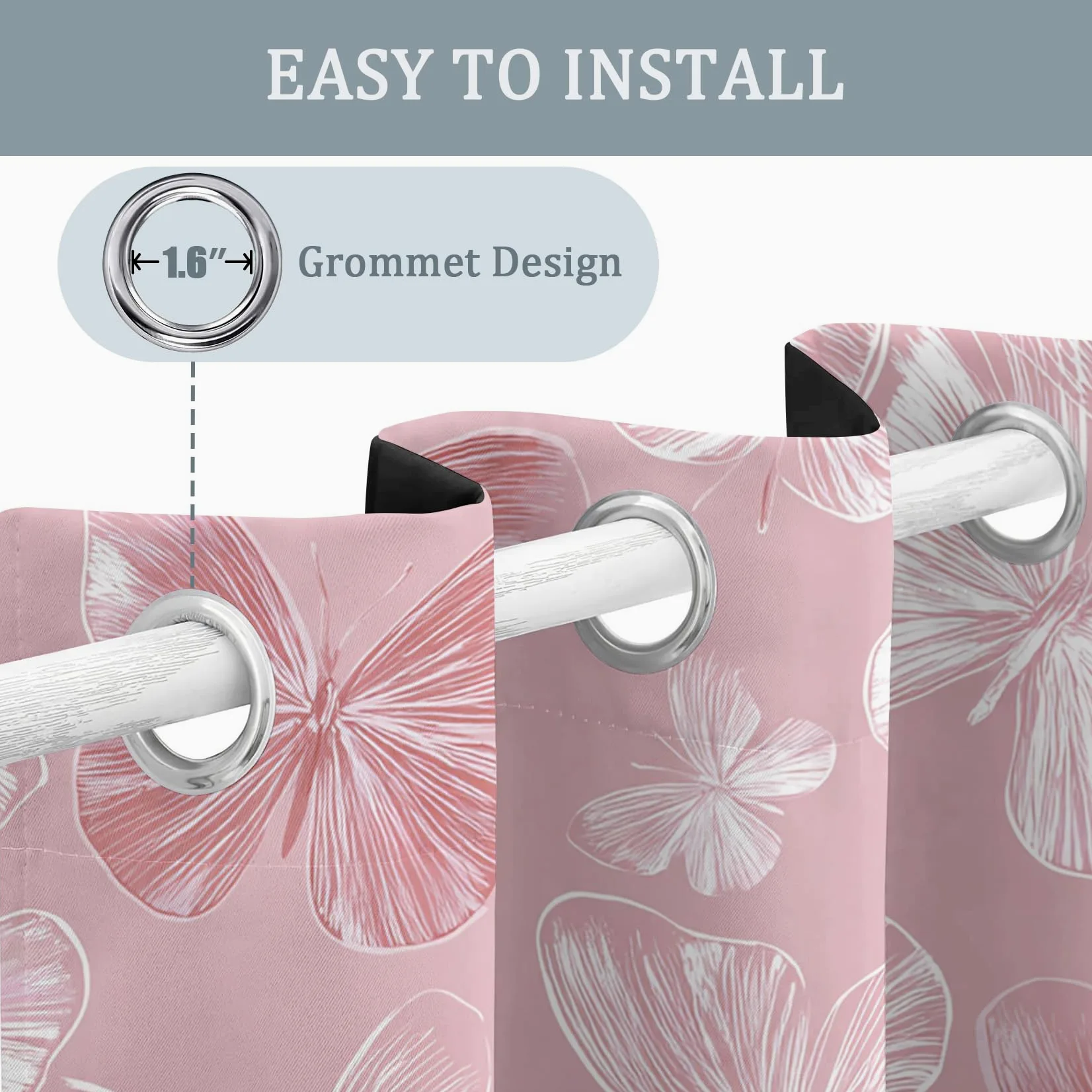 Rideau Occultant Papillon Rose, Féminine Et Féminine Motif Rideaux Thermiques à Oeillets, Rideaux Imprimé pour Salon Chambre Fenetre Moderne Décoration, 140x160 cm (L x H), Lot de 2, D#640