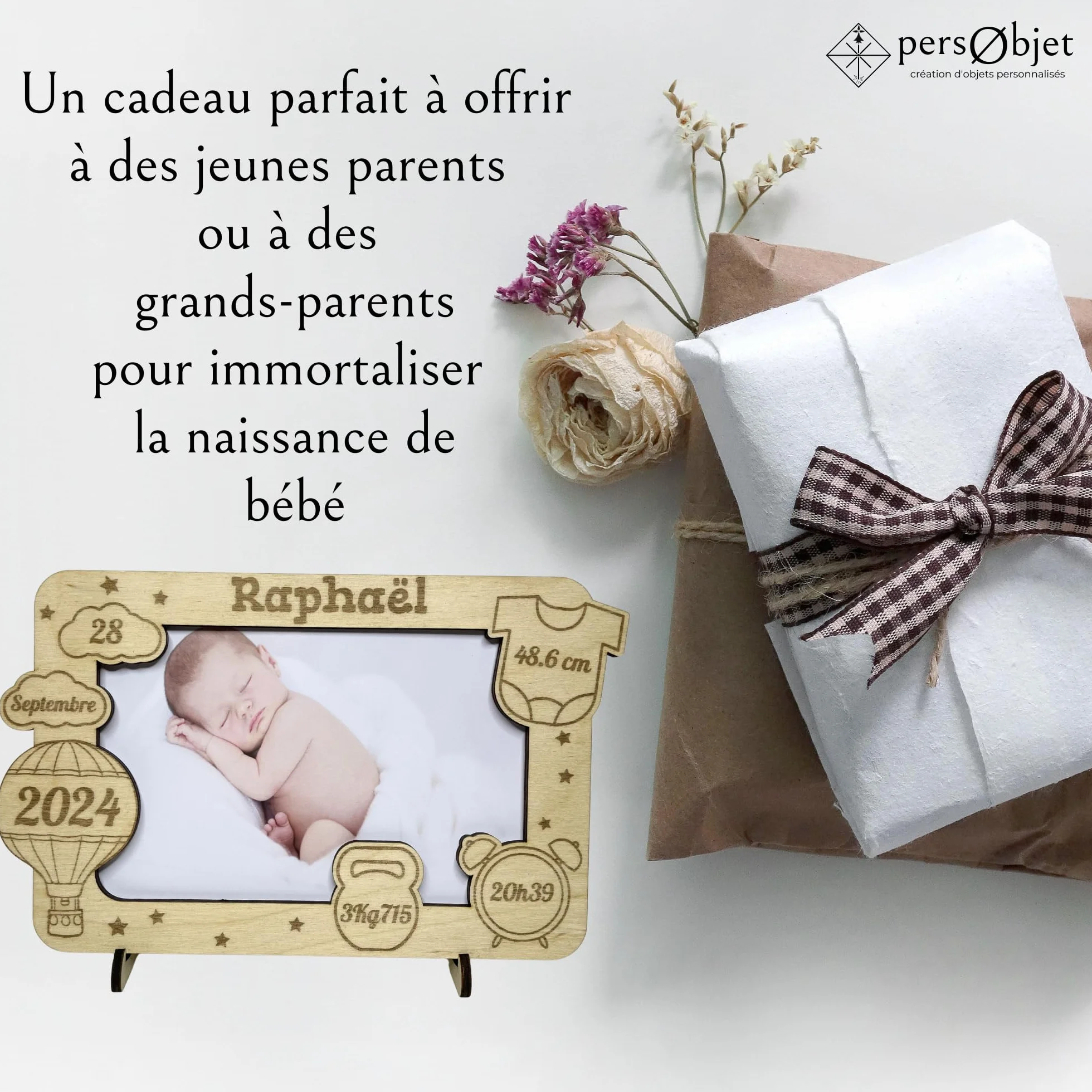 Cadre Photo Naissance Bois Personnalisable Montgolfière - Souvenir Bébé - Décoration Chambre Bébé