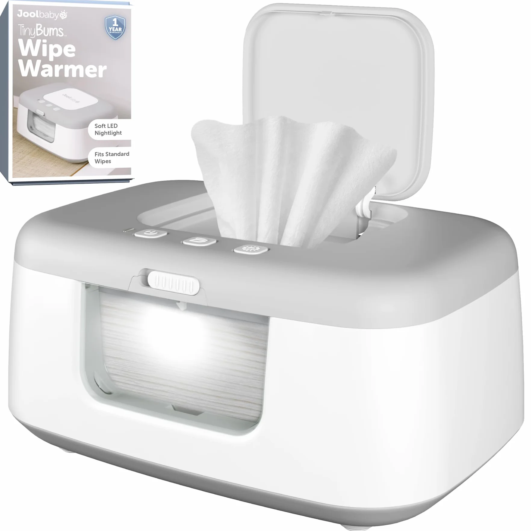 Jool Baby TinyBums Chauffe-lingettes bébé avec lumière LED changeante, gris