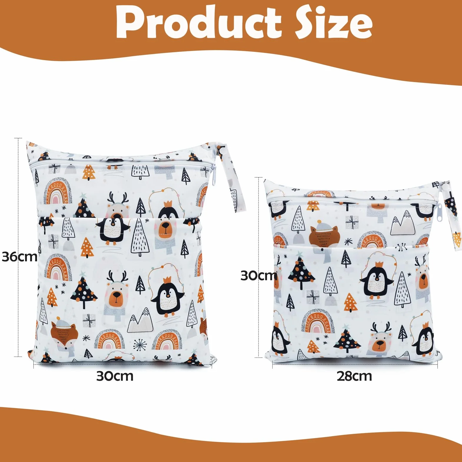 Sac à Couches Lavable 2 Pcs Wetbag Réutilisable Etanche Organisateur Double Fermeture Eclair Sac à Langer Bébé Voyage Plage Pingouin Blanc