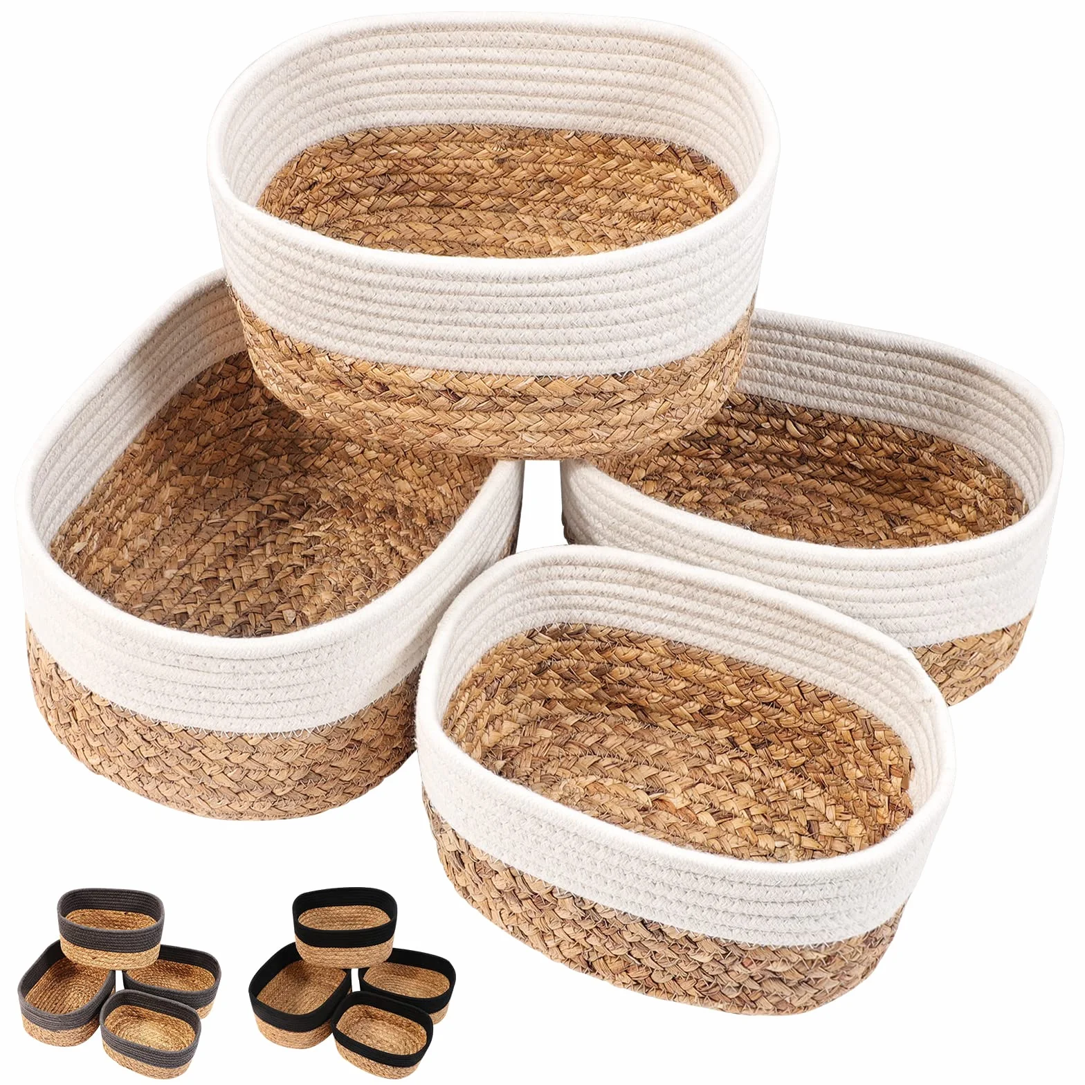 Lannvan Lot de 4 Paniers de Rangement Tressés en Jacinthe d'Eau et Coton pour Salle de Bain, Crème
