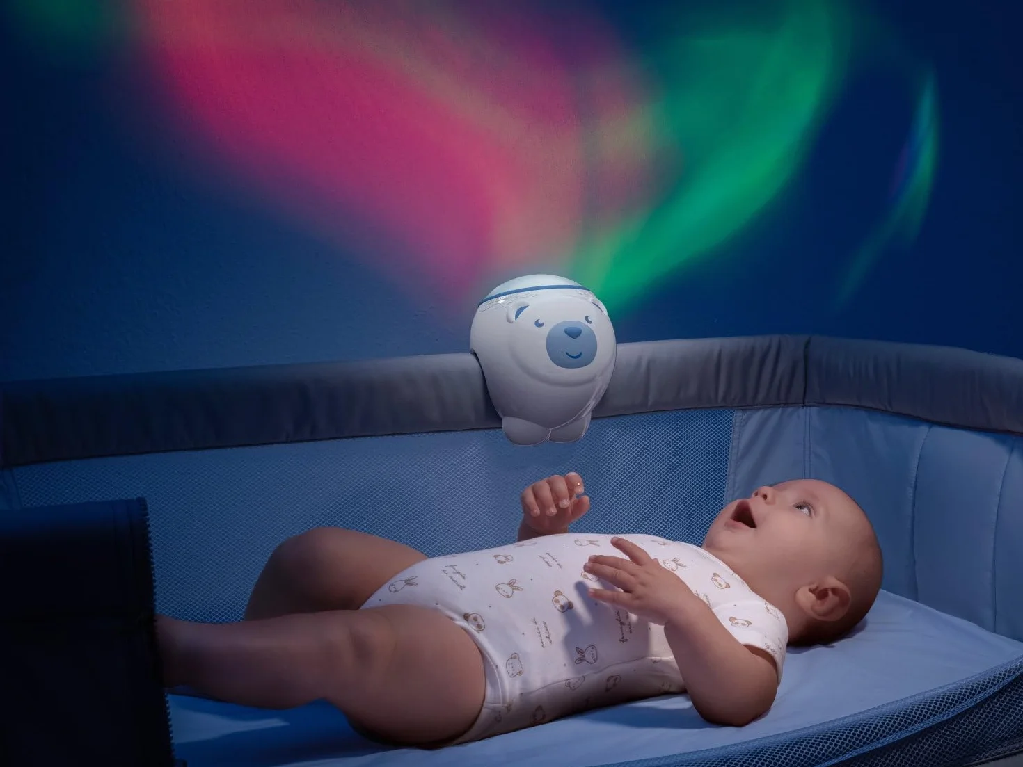 Projecteur 2en1 Ours Polaire First Dreams Veilleuse Enfants Aurore Boréale Musique Classique Sons Nature Bébé Bleu