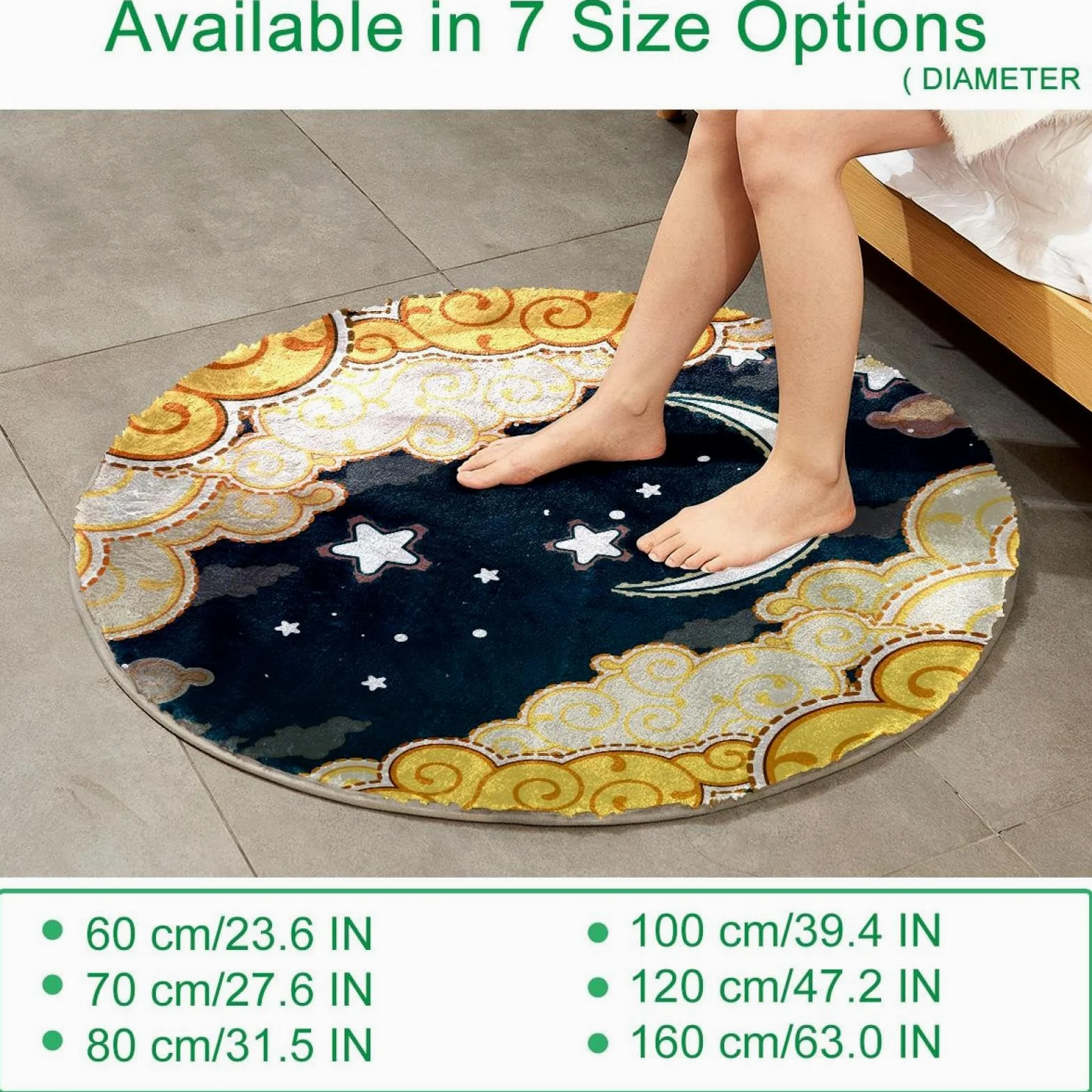 Grand tapis rond moelleux de luxe à poils longs - Tapis doux et antidérapant - Motif lune, étoiles, ciel nocturne - 100 cm - Pour chambre d'enfant