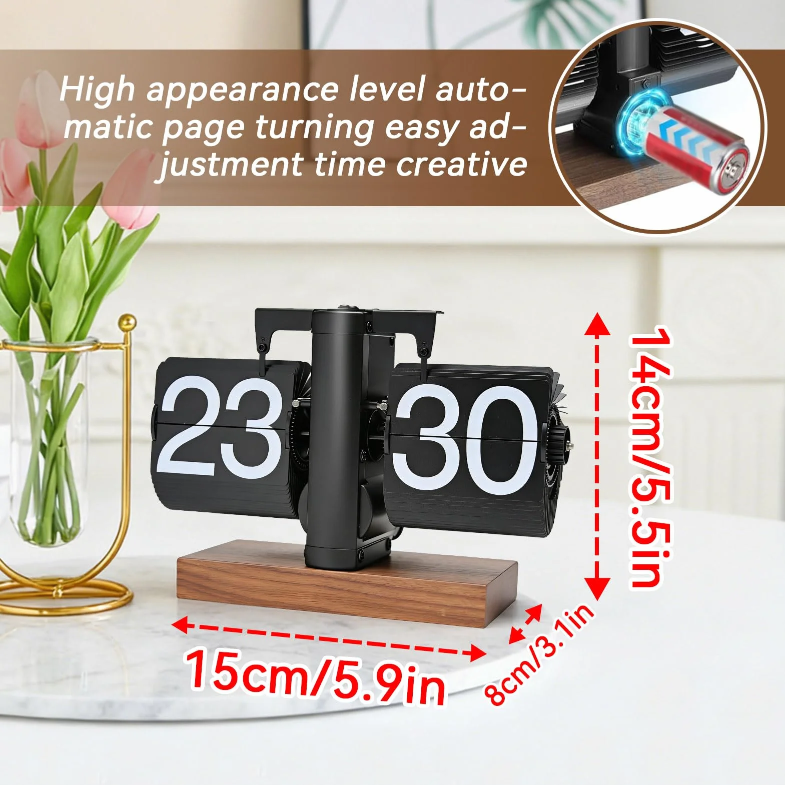Horloge Flip Flap Retro Vintage Table Flip-Horloge 24 Heures Retro-Flip-Down Gros Chiffres Base Bois Blanc