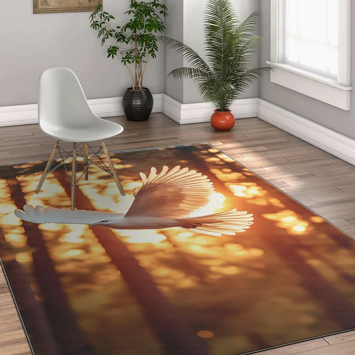 Tapis Nature Romantique esthétique Colombe Blanche Coucher Soleil doré Jungle Paysage Lavable Tapis Poil Ras intérieur carpette 70x120cm