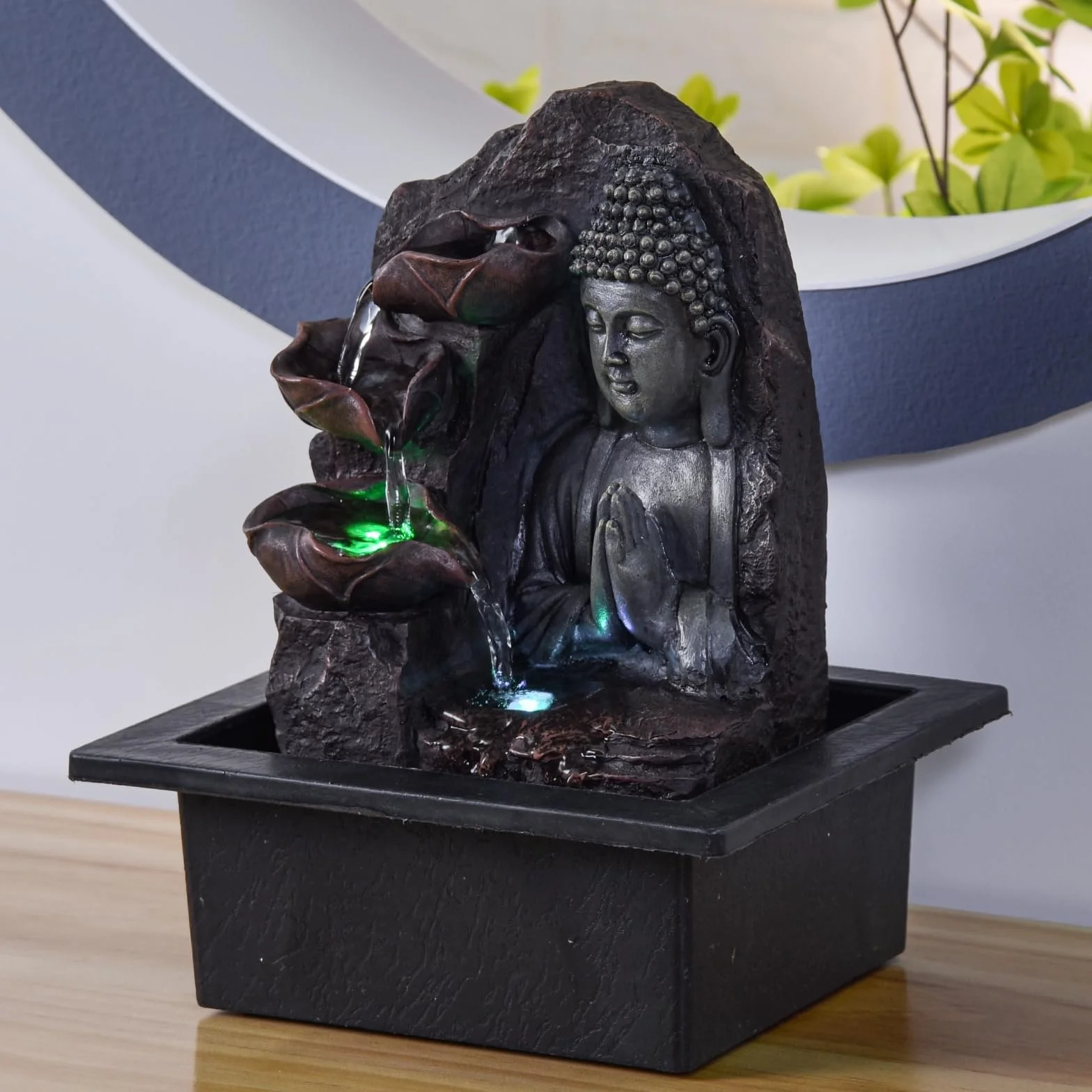 Fontaine d’Intérieur Cascade Bouddha Lotus LED Lumière Colorée Feng Shui 21 x 21 x 26 cm