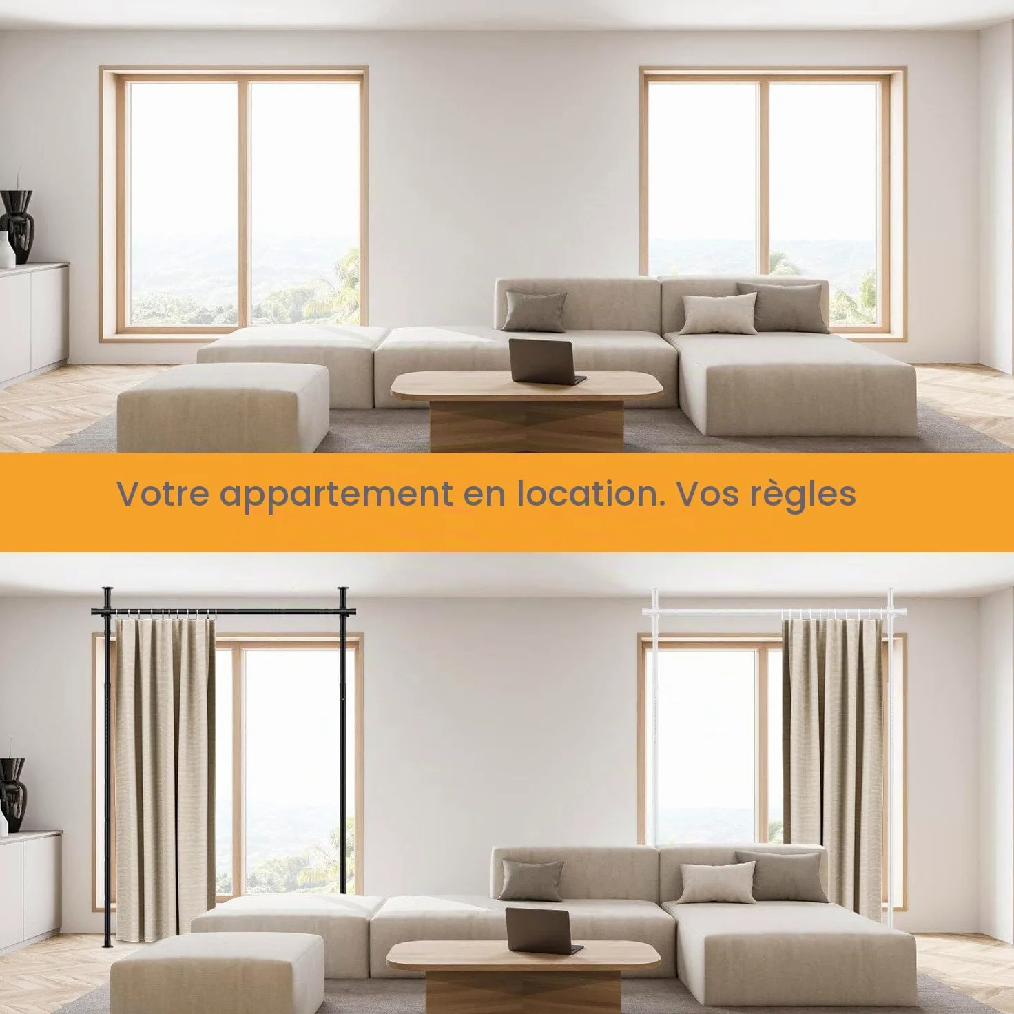 Paravent de séparation de pièce Jaxguom, tringle à rideaux, réglable de manière flexible sans perçage, L 70-177cm x H 122-305cm, paravent autoportant sans rideau, protection des regards pour salon