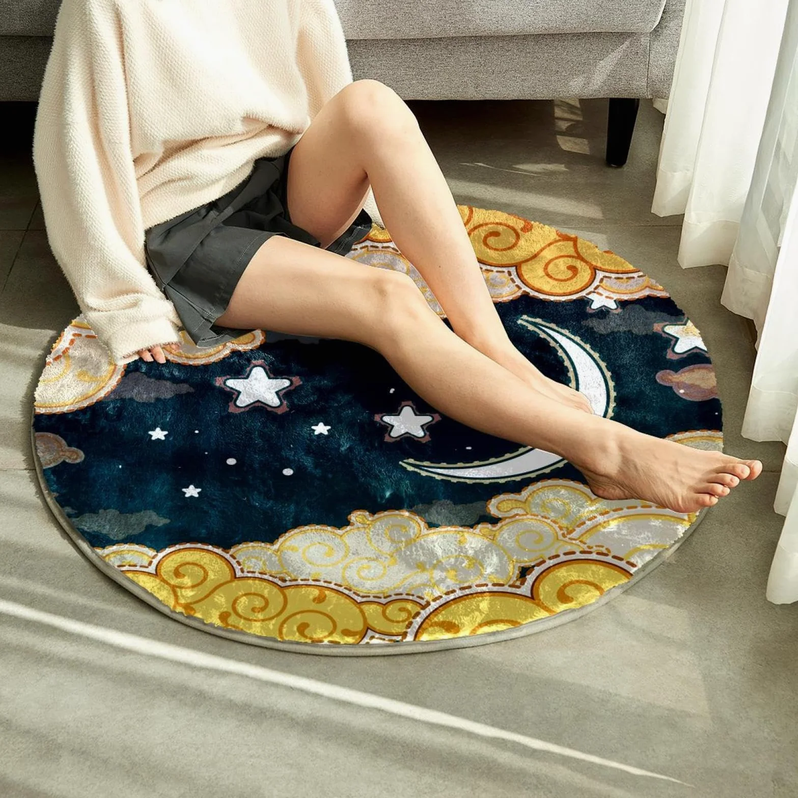 Grand tapis rond moelleux de luxe à poils longs - Tapis doux et antidérapant - Motif lune, étoiles, ciel nocturne - 100 cm - Pour chambre d'enfant