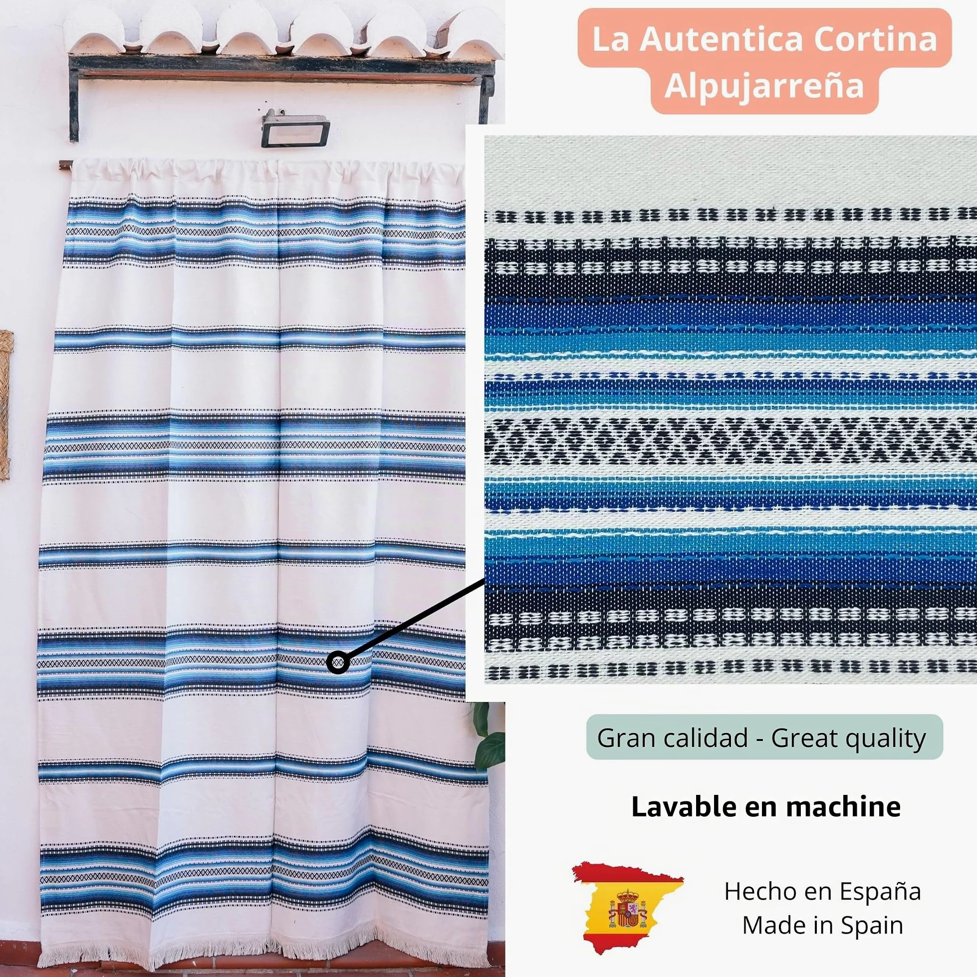Rideau d'ameublement rustique des Alpujarras pour porte extérieure (160 x 215 cm) couleur Écru-bleu. Fabriqué en Espagne en fibre naturelle de coton. Fait fonction de moustiquaire et de pare-soleil