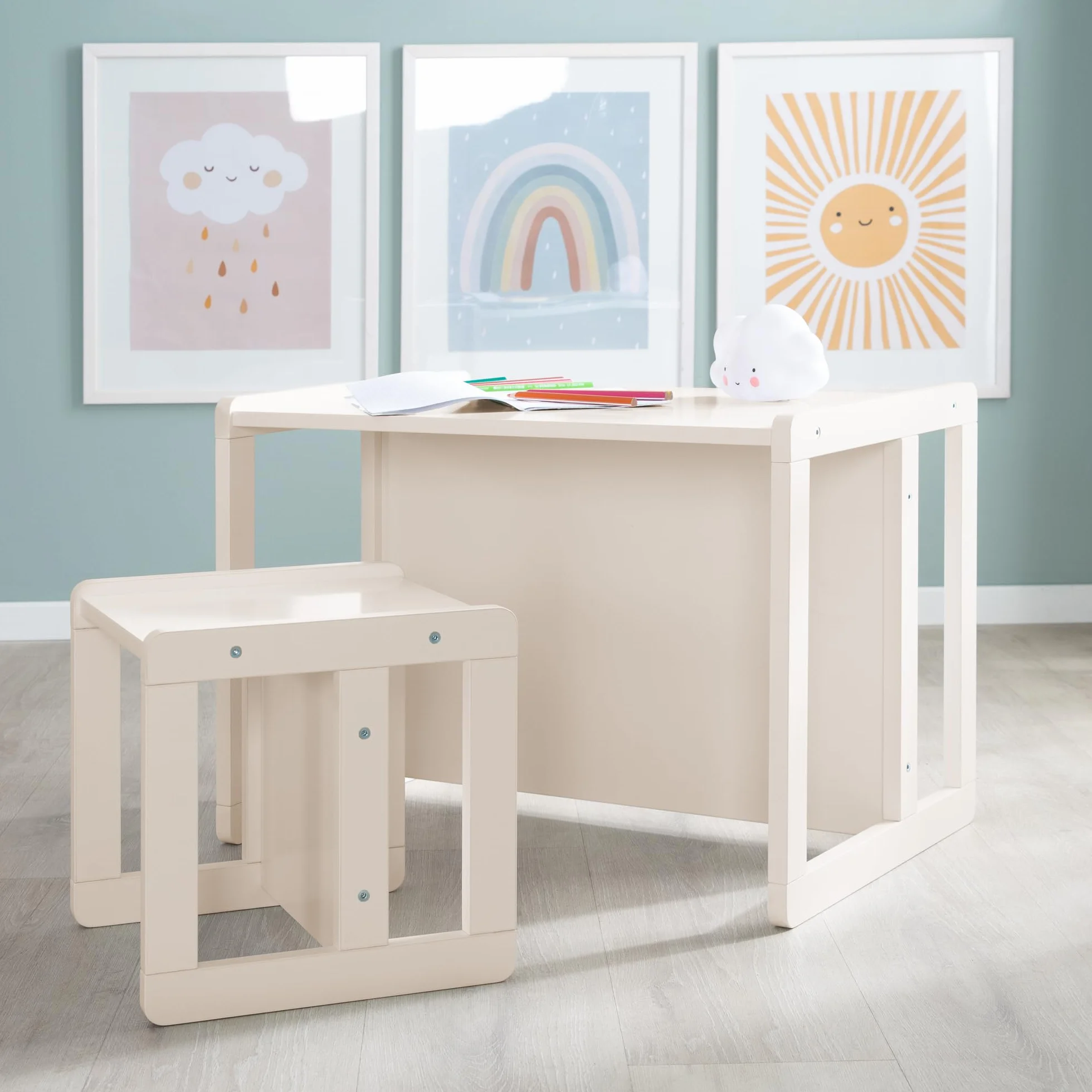 Ensemble Table et Chaise Réversibles Enfants Bois Laqué Beige 3 Hauteurs d'Assise 9 Mois à 10 Ans