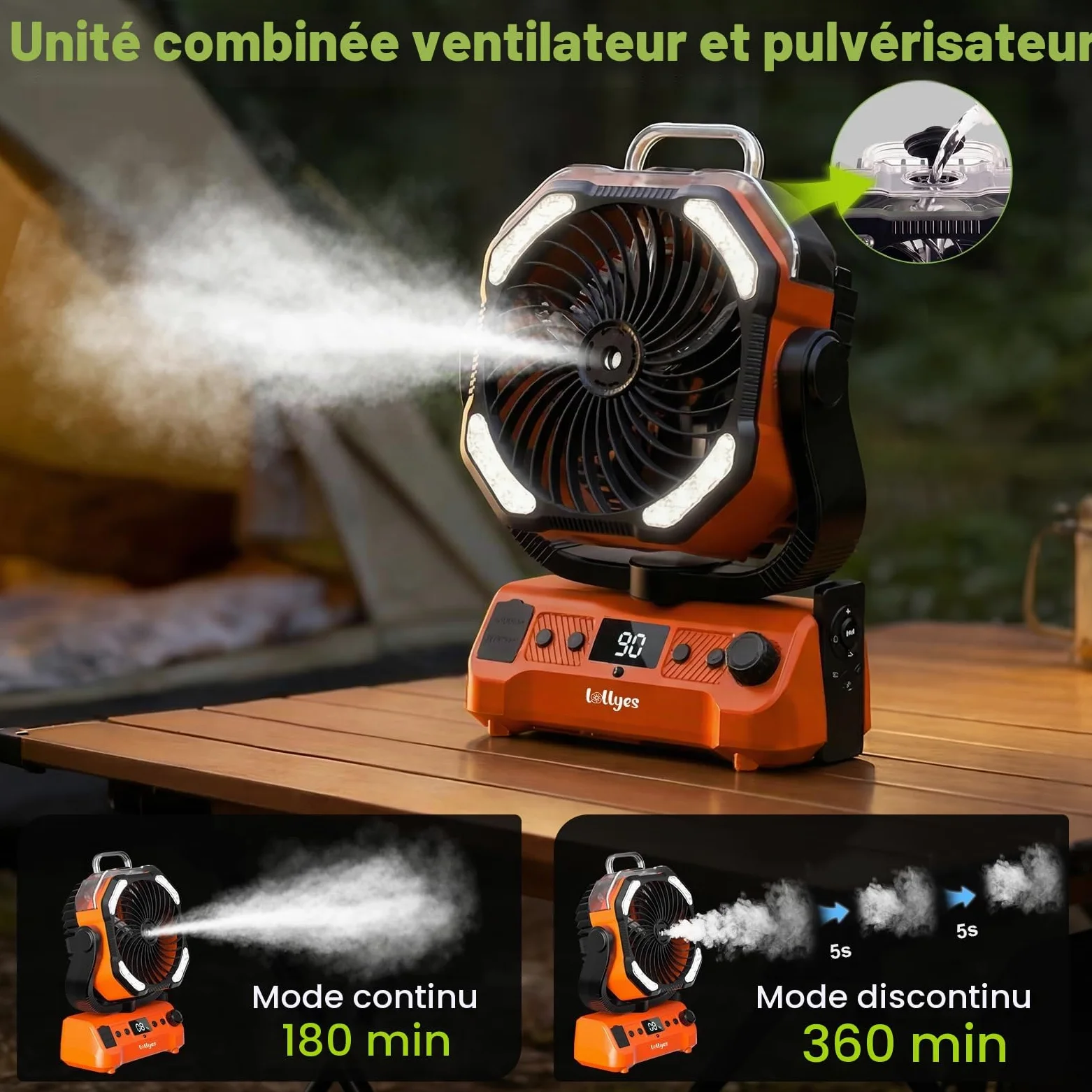Lolleys Ventilateur Brumisateur de Camping 20000mAh, Ventilateur Portable Rechargeable avec Télécommande, Double Moteur, Crochet 360°, Vitesse Variable pour Extérieur Pêche Camping-car Plage, Orange