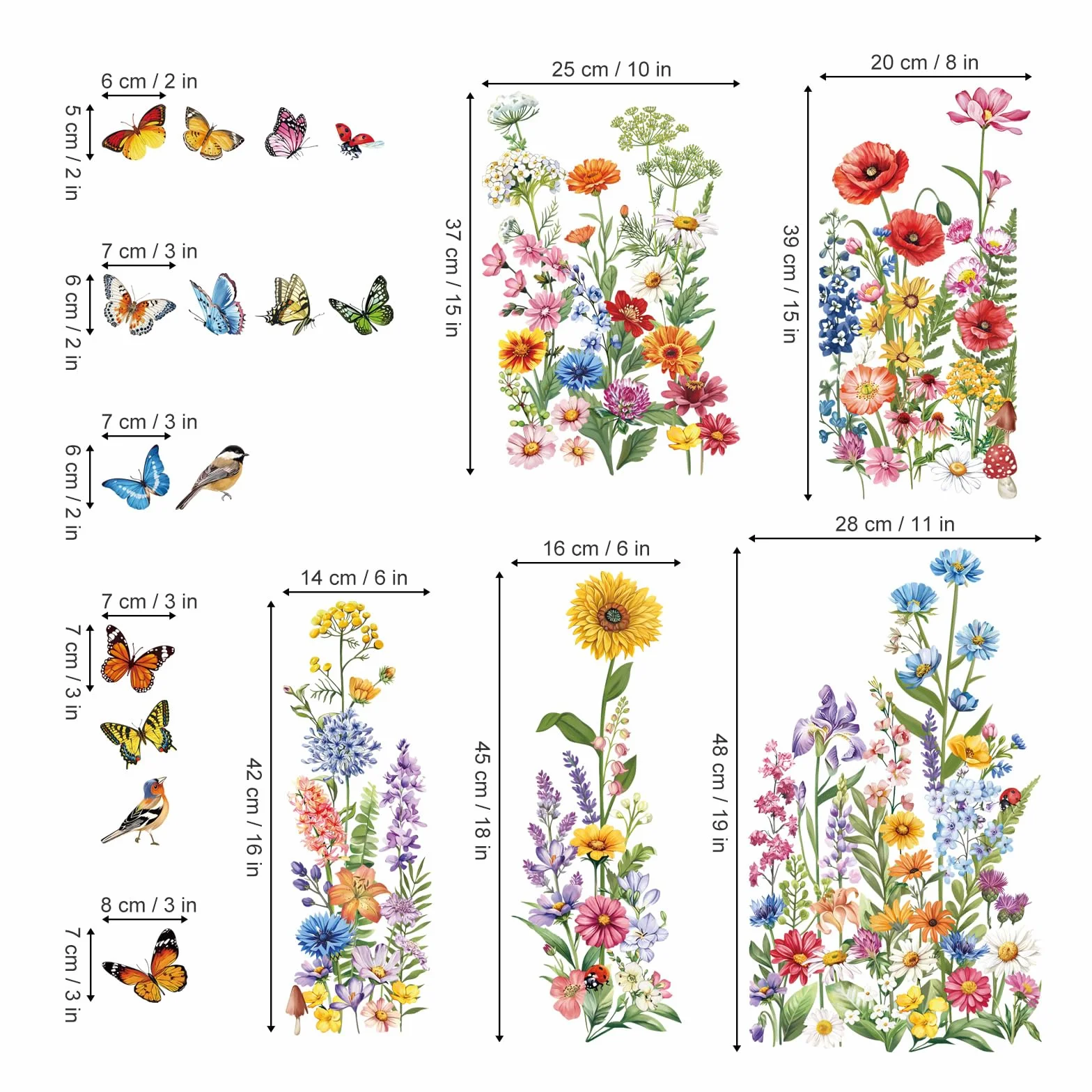 Decalmile Autocollants Fenêtre Fleur de Jardin Anti-Collision Stickers Floral Papillon Tournesol