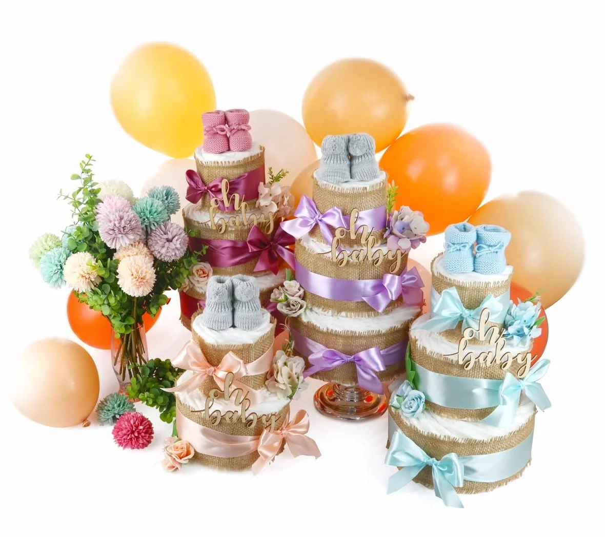 Gâteau de couches tout en jute 2 étages abricot Naissance