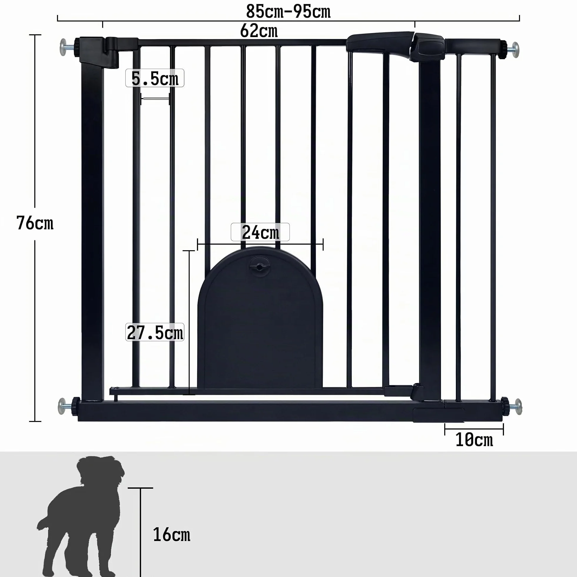 Aufun Barrière de sécurité Enfants sans perçage 85-95 cm avec Fixation à Pression Fermeture Automatique métallique pour Chiens avec chatière Noir