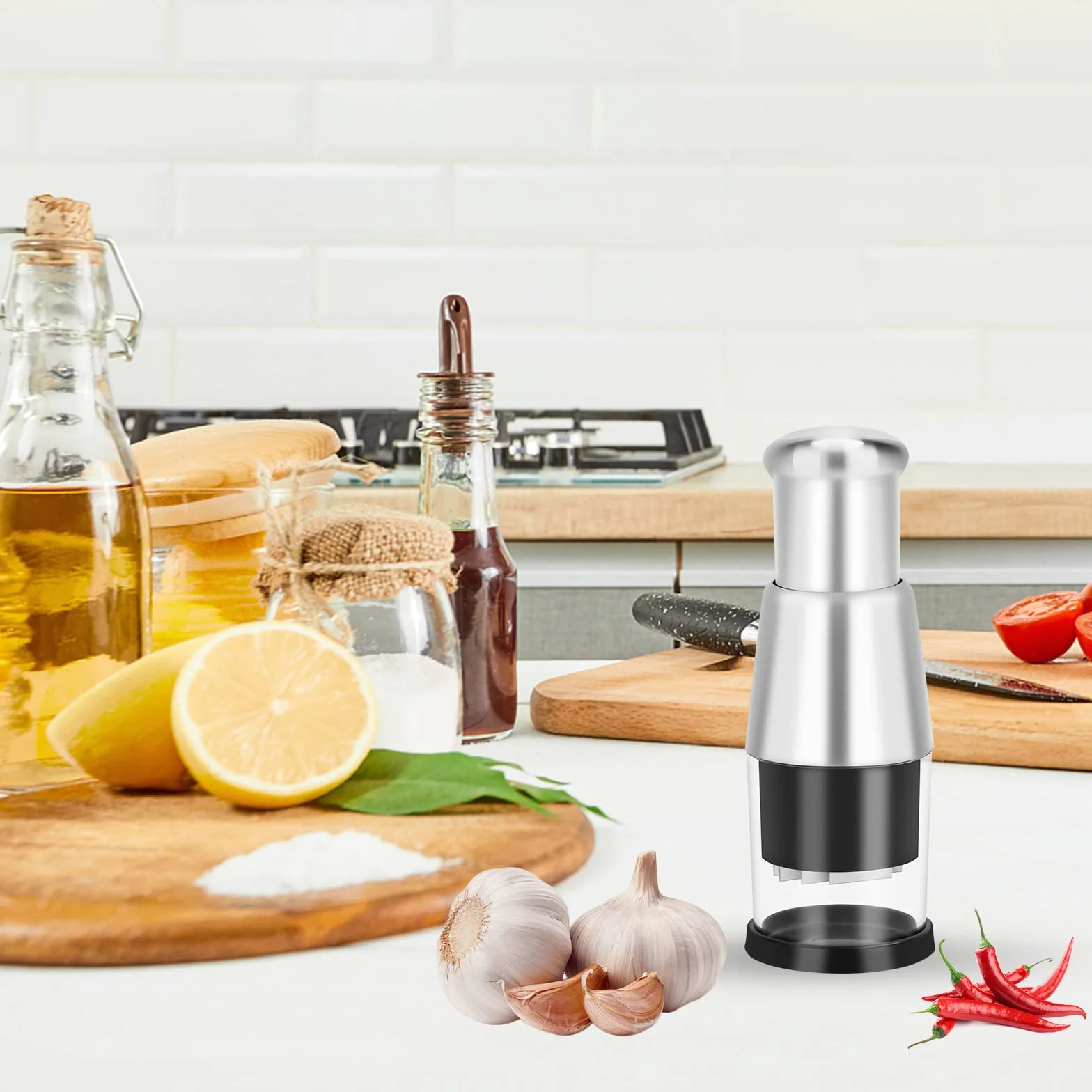 Presse-Ail Inox Hacheuse d'Échalote Coupe-Oignon Manuel à Pousser Hachoir Gingembre Ustensile de Cuisine Noir