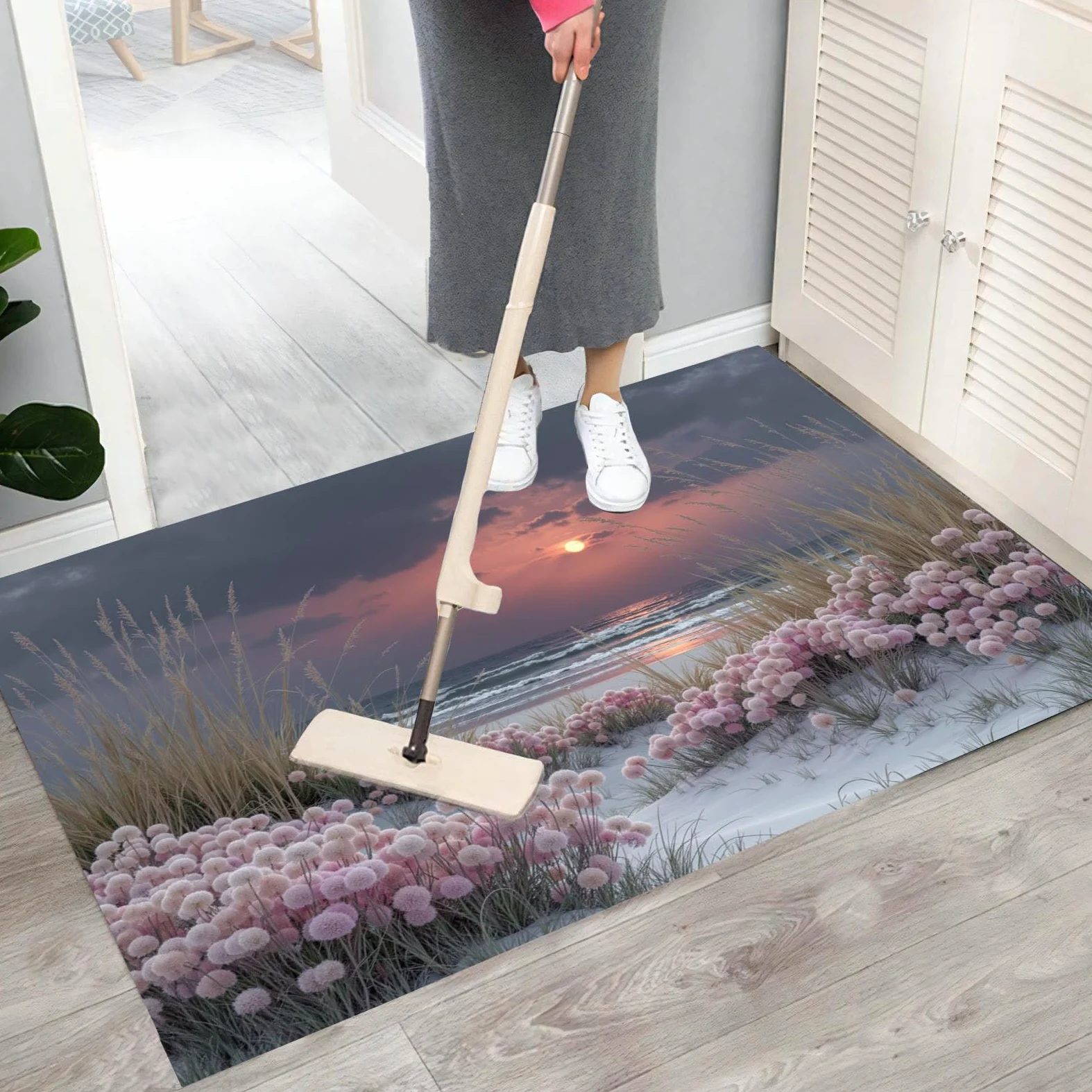 Tapis Sunset Beach 90X150Cm en Fausse Laine Rose Gris pour Salle De Bain Cuisine, Petit Paillasson D'Entrée D'Intérieur, Paysage Végétal, Tapis De Sol Antidérapant Lavable