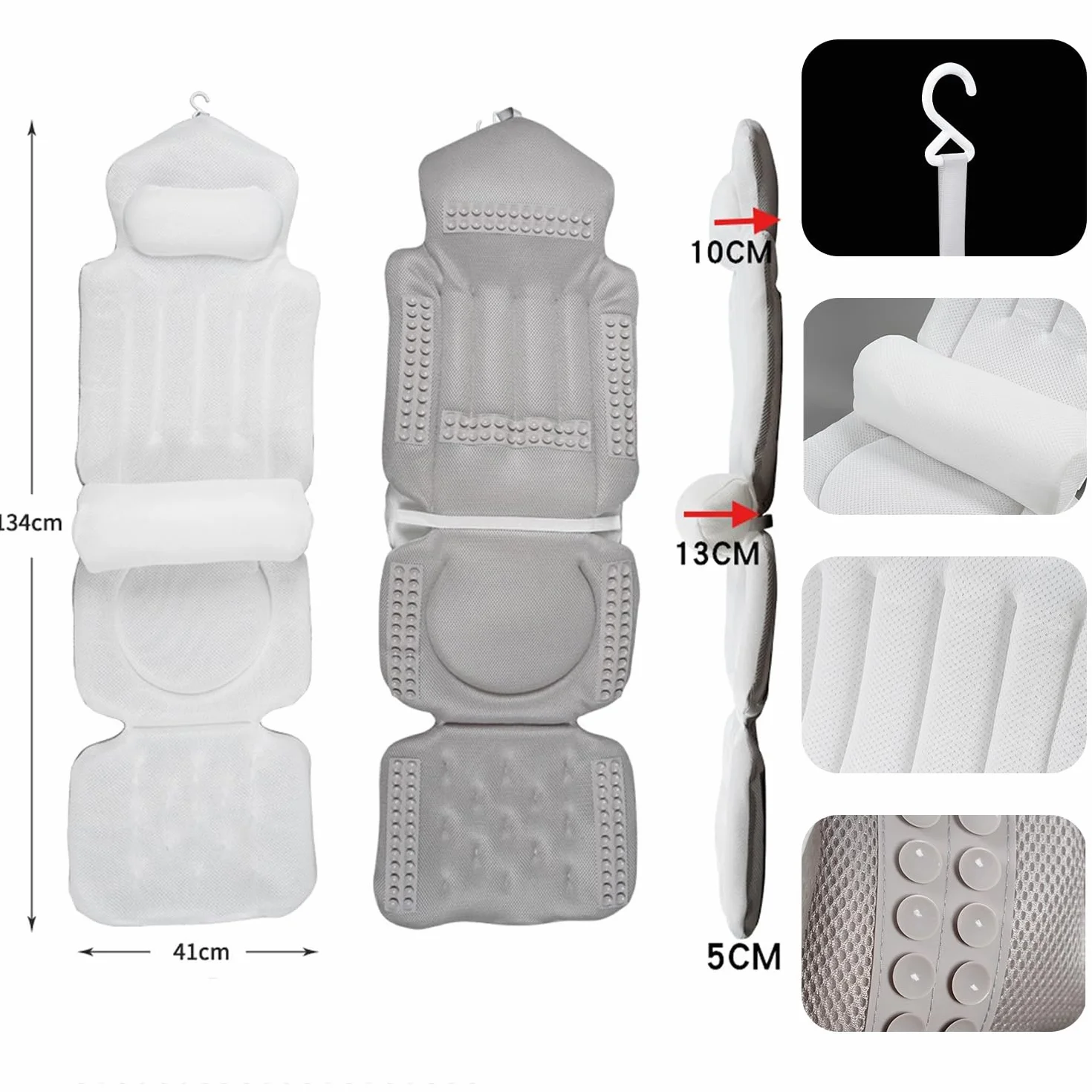 Coussin de Bain avec Soutien Lombaire Amovible et Sac à Linge, Confort Détente, Blanc