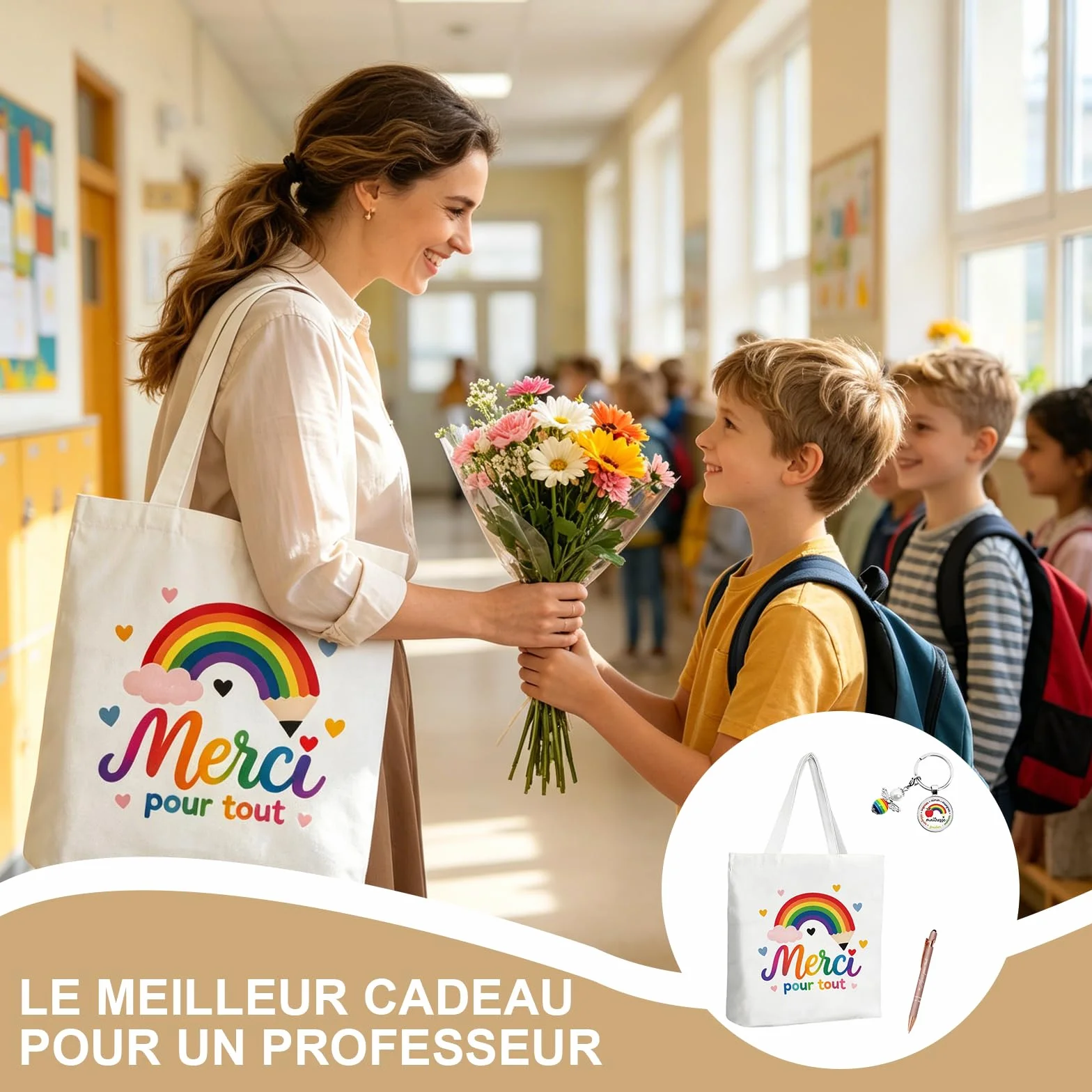 Cadeau Maitresse d'École Tote Bag Merci Porte-Clés Arc-En-Ciel Stylo Rose Tissu Résistant Design Coloré