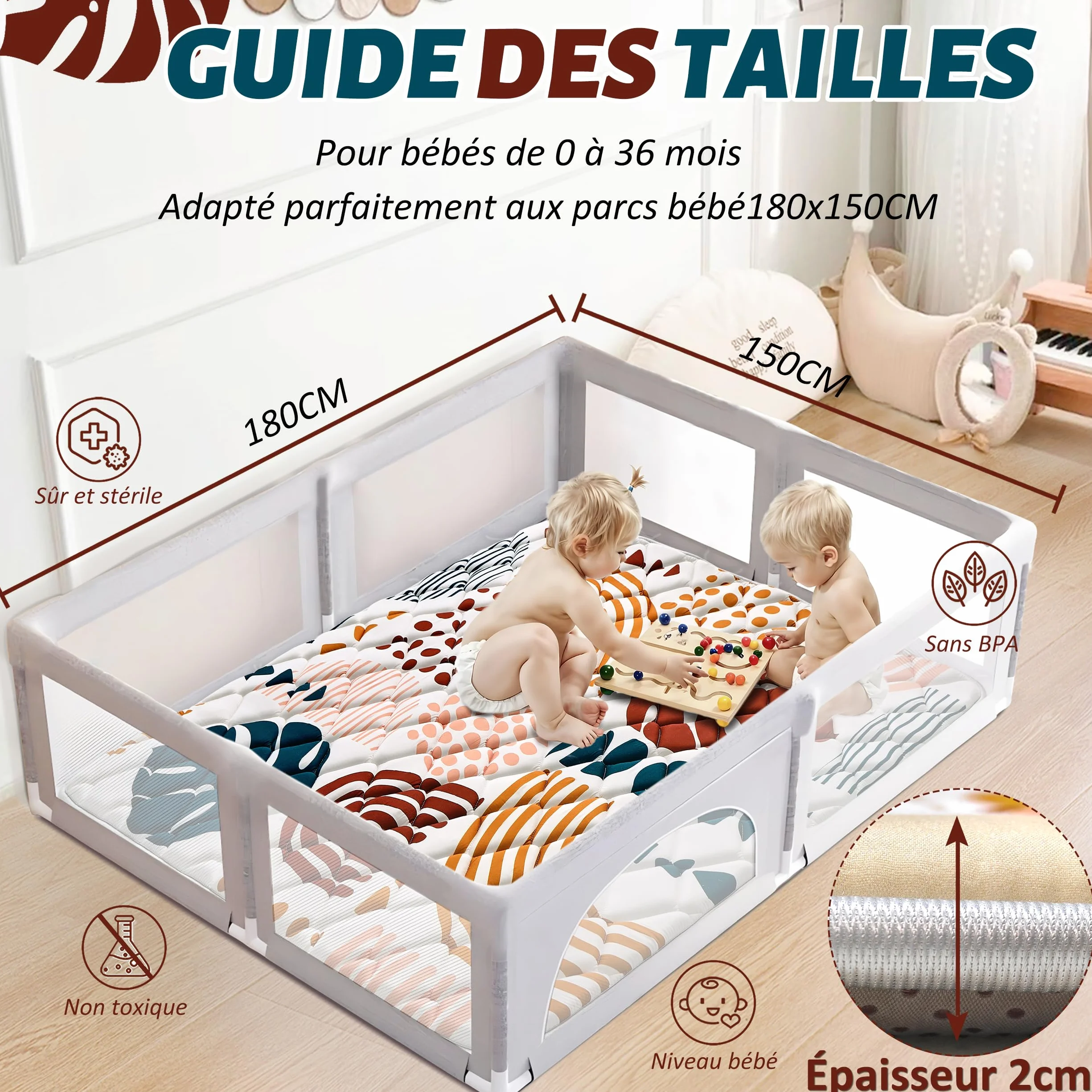 YBIKE Tapis de Jeu 180x150cm Pliable Antidérapant Épais Lavable en Machine Boho
