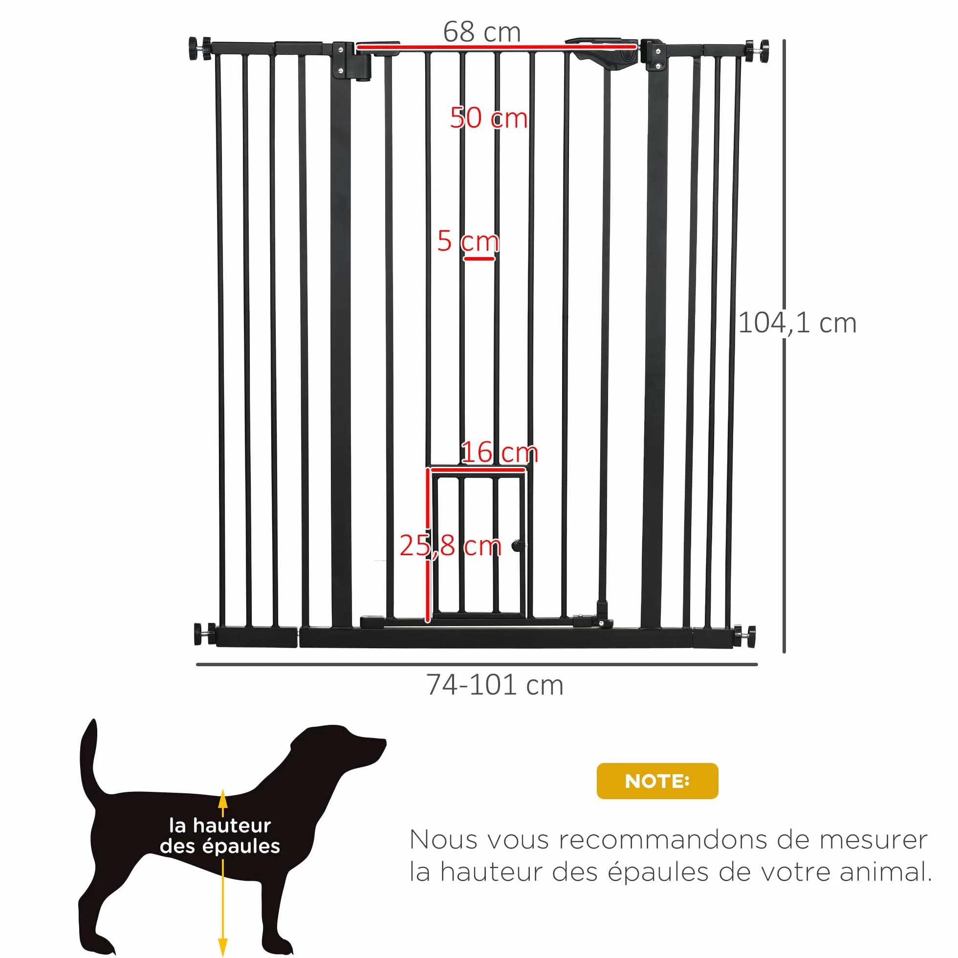 PawHut Barrière de sécurité Animaux 104 cm Haute avec Porte Chat Fermeture Automatique Double Verrouillage Acier Noir