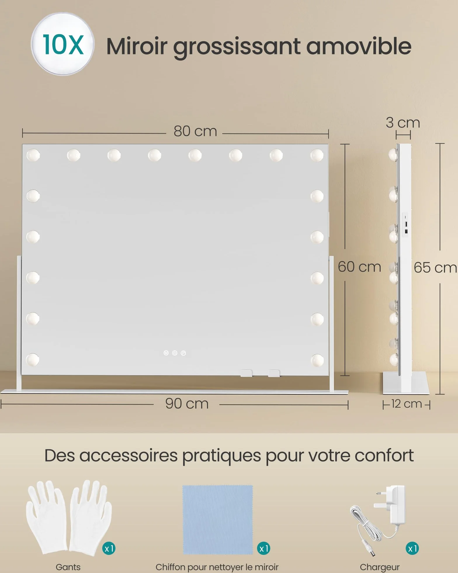 SONGMICS Miroir de Maquillage LED 80x60 cm 18 Ampoules 10x Grossissant Détachable 3 Températures