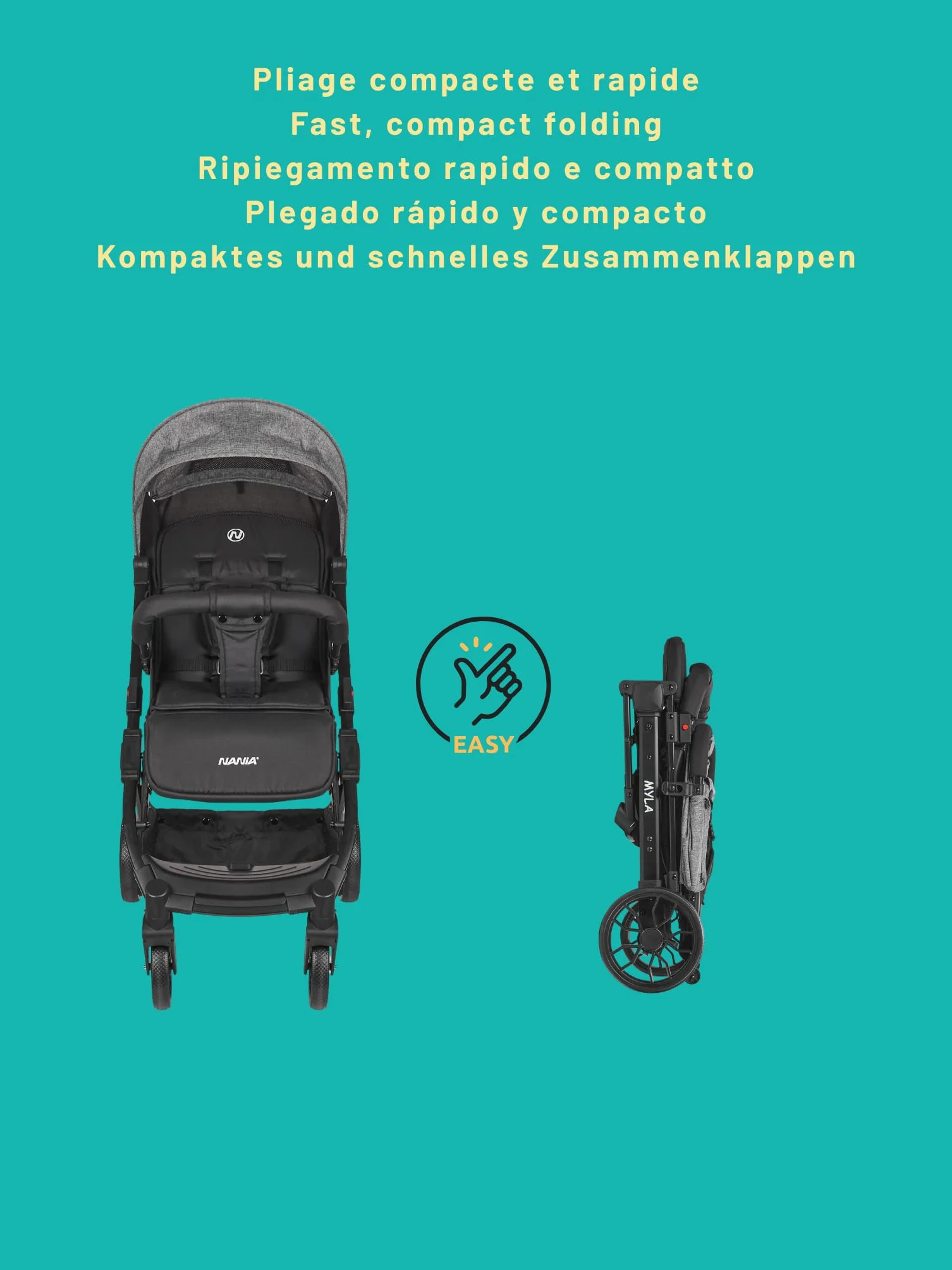 Nania Myla poussette canne compacte 0-4 ans 22kg légère 7,5kg inclinable grand panier trolley transport