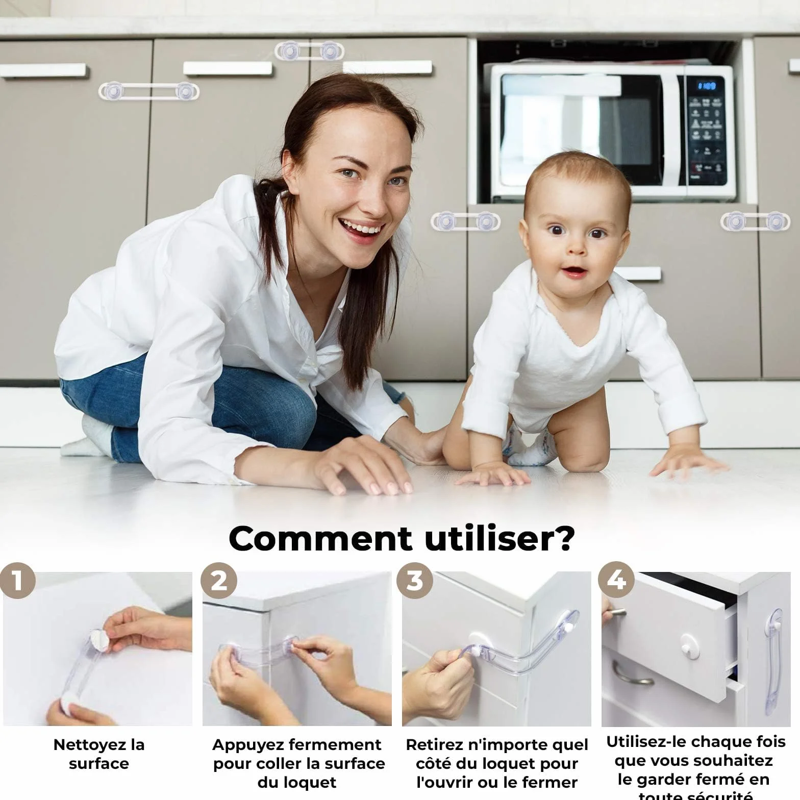 Bloc Placard Bébé Société Française Sécurité Enfant - Bloque Porte Placard Fenêtre - Protection Sécurite Domestique (4 pièces)
