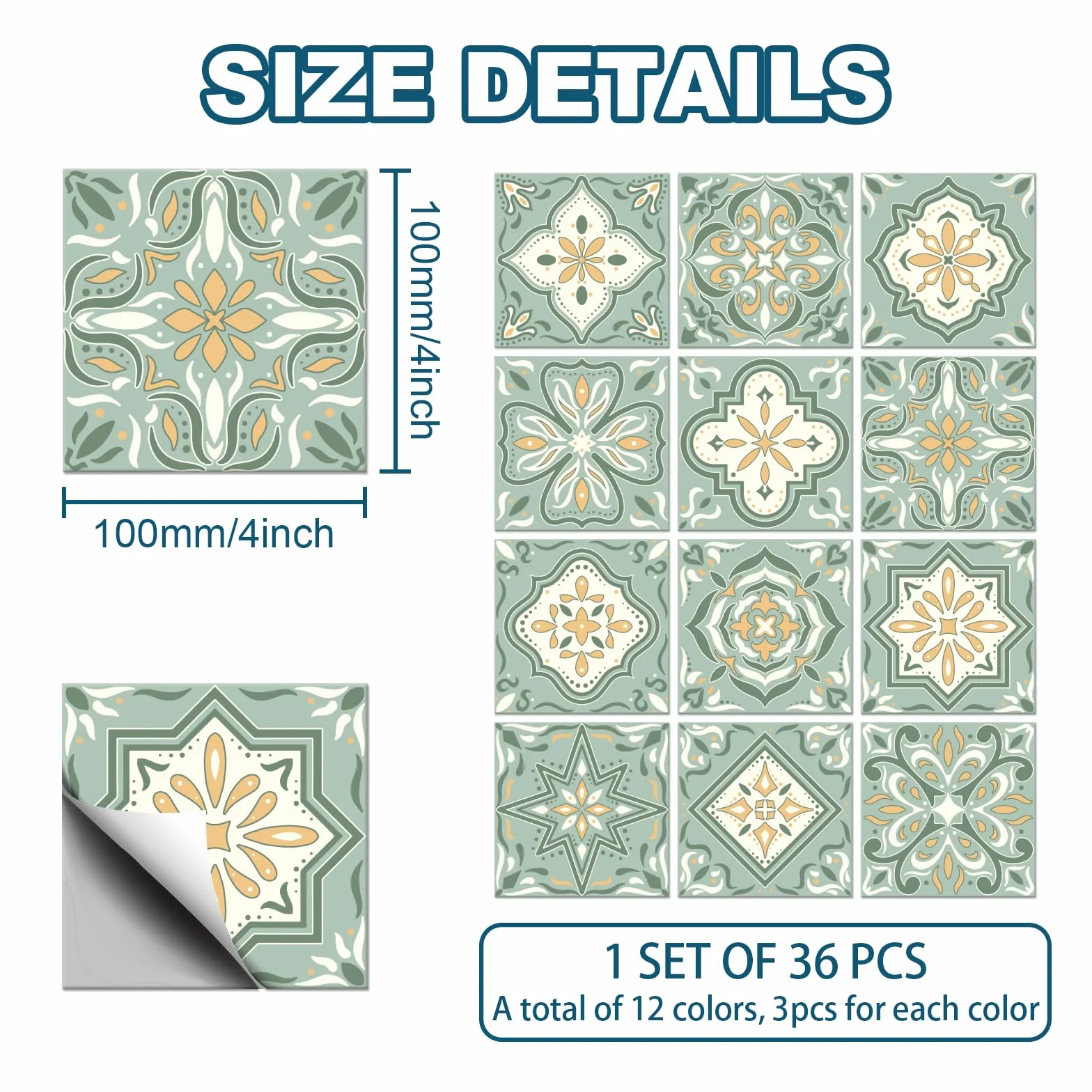 Autocollants Carrelage Mural Céramique 10x10cm Vert et Jaune 36 pièces Imperméables Décoratif