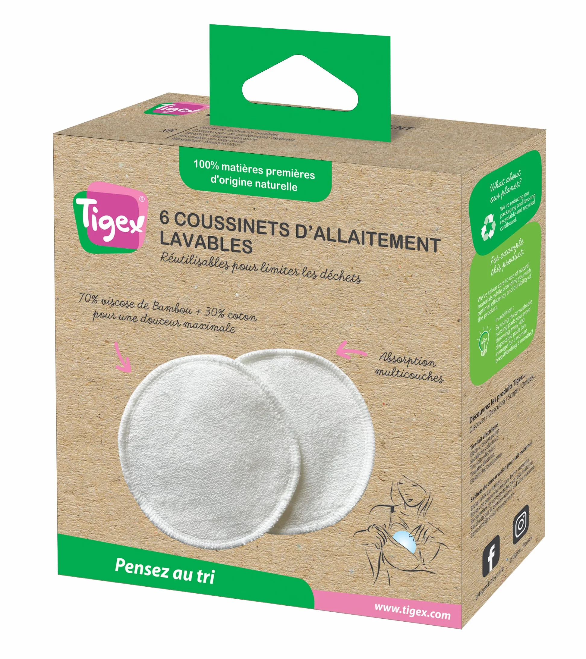 Tigex Coussinets d’allaitement lavables Coton bambou doux Pochette coton bio Lot de 6