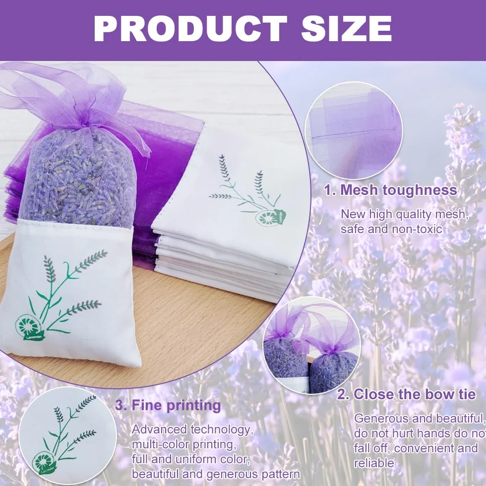 Sacs de Lavande en Coton Violet avec Cordon de Gaze pour Armoire et Aromatherapie Voiture
